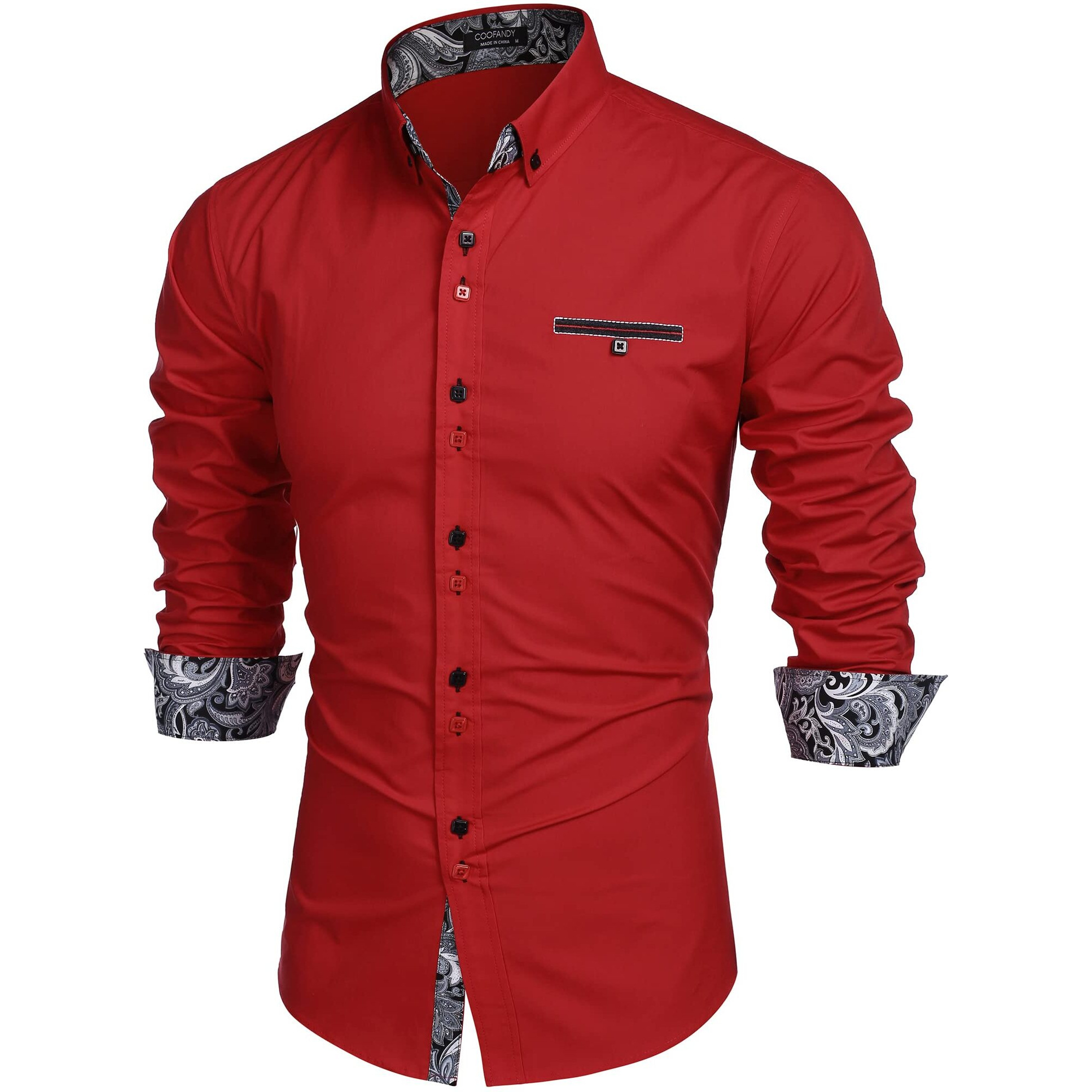 Coofandy Men's Fashion Slim Fit Dress Shirt Casual Shirt, 01-Red, Large