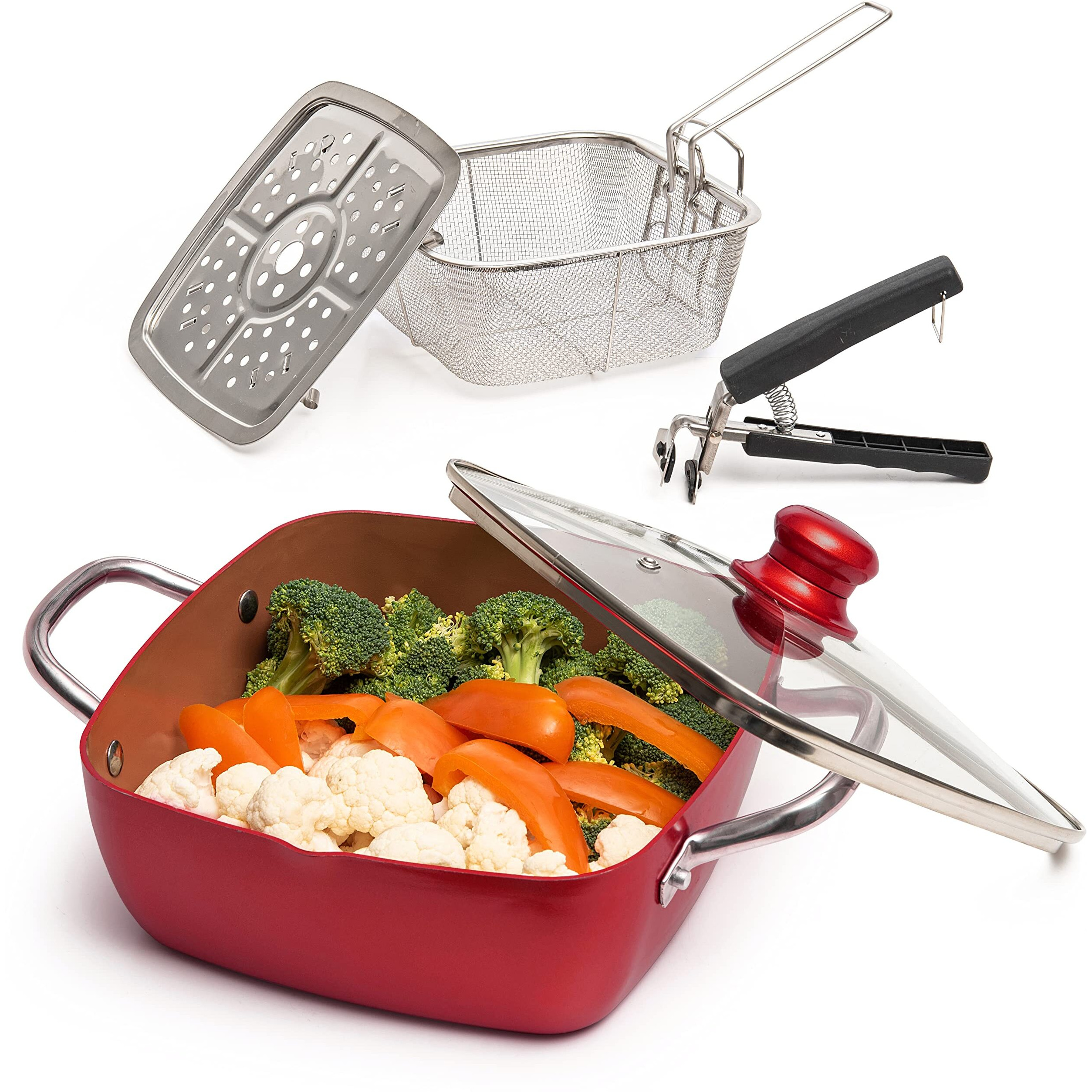 Moss & Stone Copper 5 Piece Set Chef Cookware, Non Stick Pan, Deep Square Pan, Fry Basket, Steamer Tray, Dishwasher & Oven Safe, 5 Quart Copper Pot Set, Red Induction Cookware Set