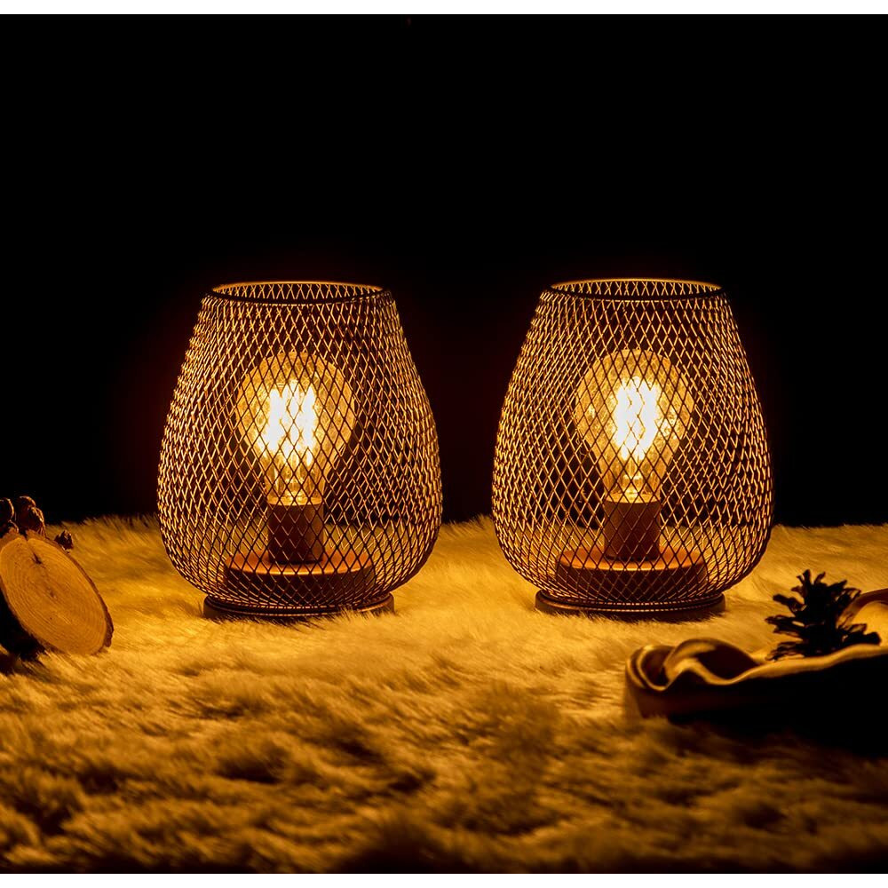 Decorkey Set Of 2 Battery Operated Lamp Led Table Lantern, Metal Cage Cordless Lamps With Led Bulb,Vintage Decorative Outdoor Lantern For Weddings, Parties, Patio, Events For Indoors Shelf Decor