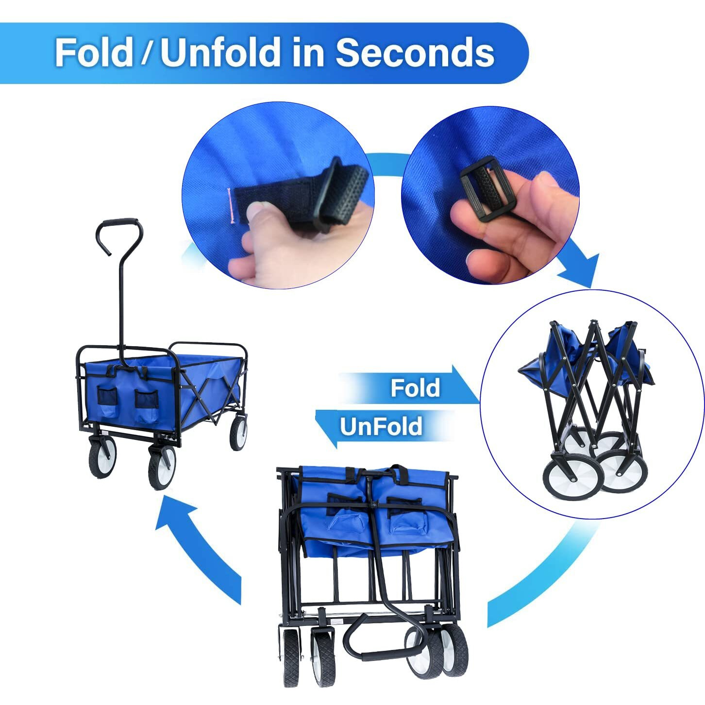 Collapsible Outdoor Utility Wagon Cart With Cup Holder, Large Capacity Folding Wagon Garden Shopping Cart,Heavy Duty Foldable Cart, For Outdoor Activities, Parks, Camping (Blue)
