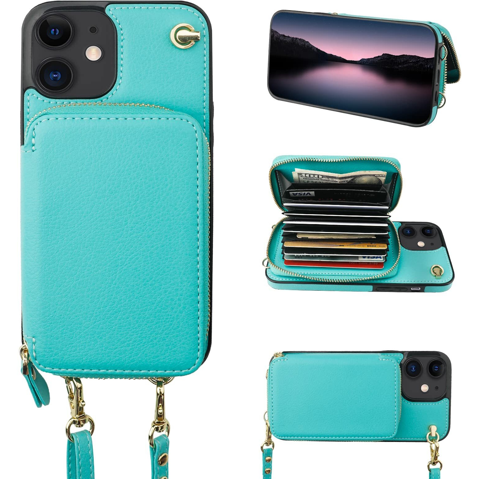 Bocasal Crossbody Wallet Case For Iphone 12/12 Pro, Rfid Blocking Leather Purse Case With Card Holder, Protective Handbag Flip Cover With Zipper Wrist Strap Lanyard For Women 5G 6.1 Inch (Mint Green)
