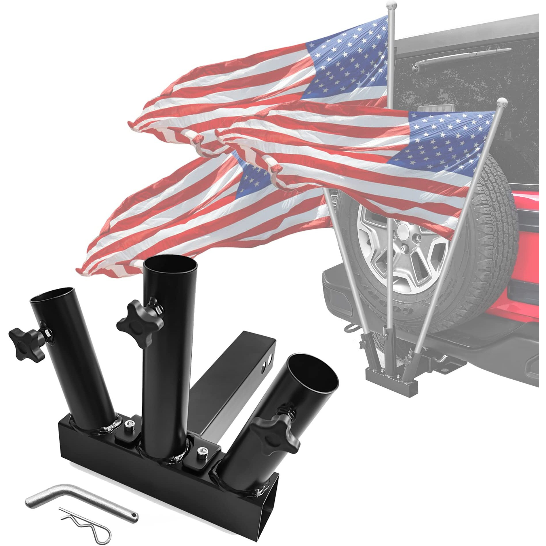 Kairay Hitch Mount 3 Flag Pole Holder Three-Headed Flagpole Universal For Standard 2 Inch Receiver Fit For Truck Suv Rv Pickup