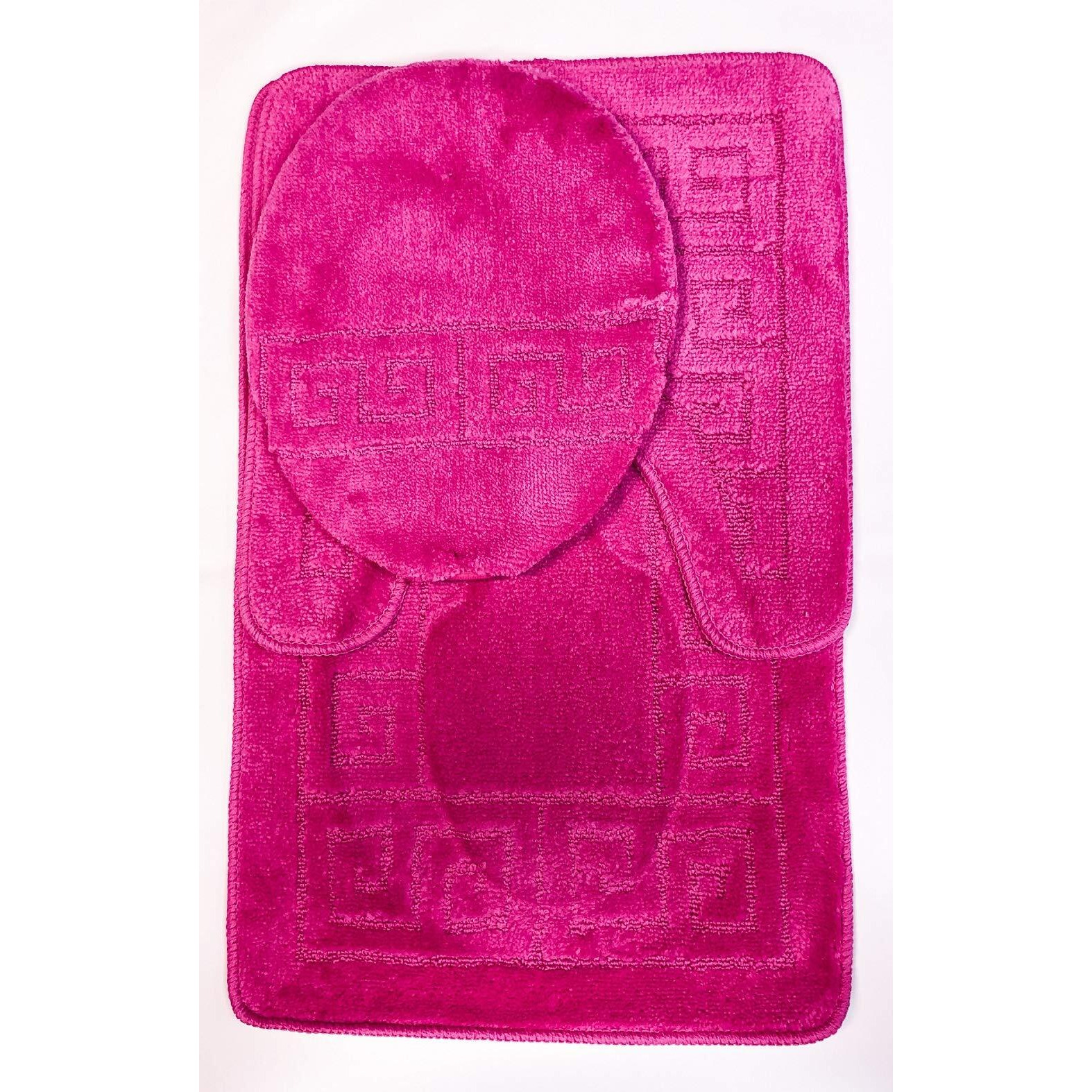 Wpm World Products Mart 3 Piece Bath Rug Set Pattern Bathroom Rug (20X32)Large Contour Mat (20X20) With Lid Cover (Hot Pink)