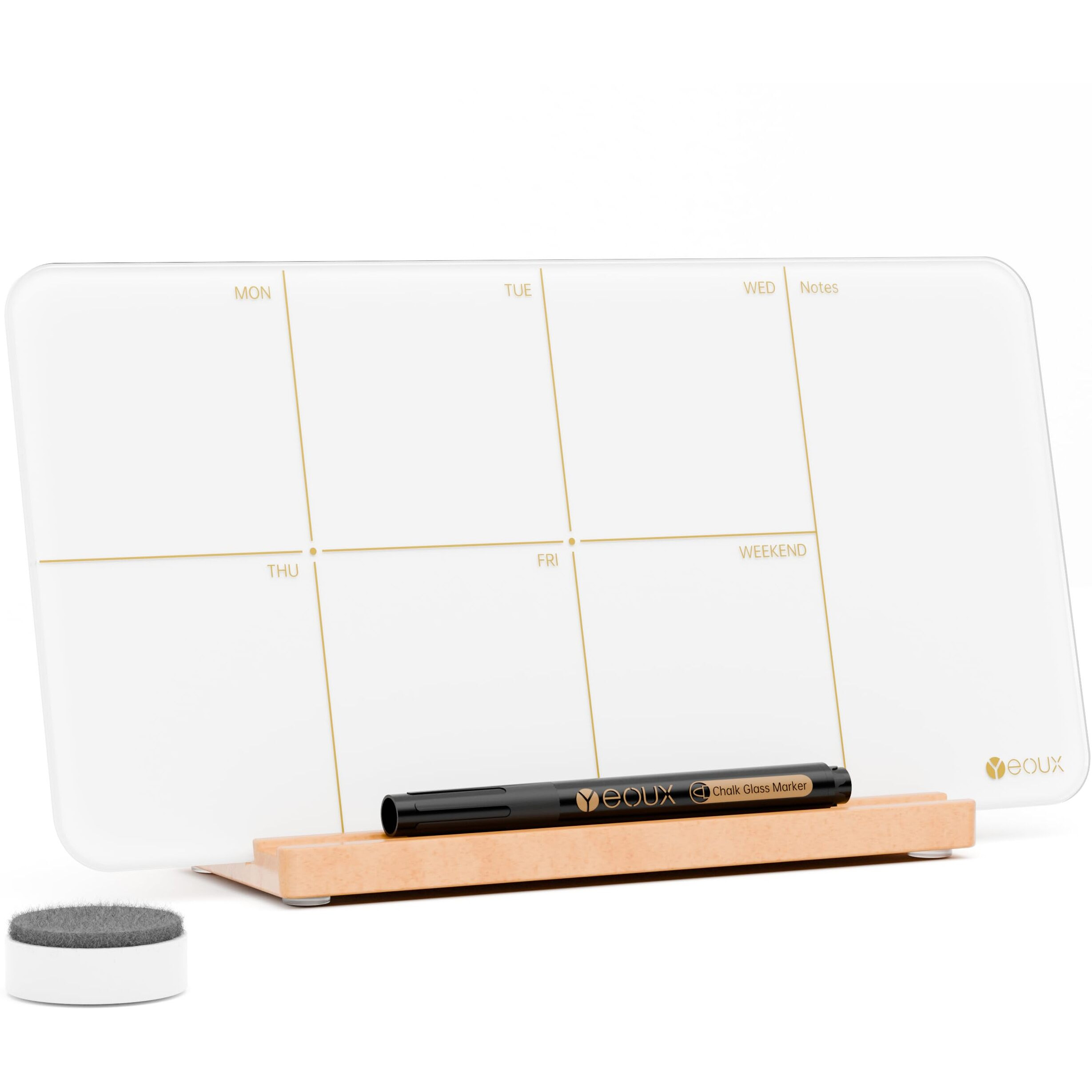 Desktop Glass Weekly Planner Whiteboard With Detachable Wood Stand,Small Portable Dry Erase Calendar To Do List White Board 12X6 For Office, Home, Schools, Marker&Eraser Included, Yeoux