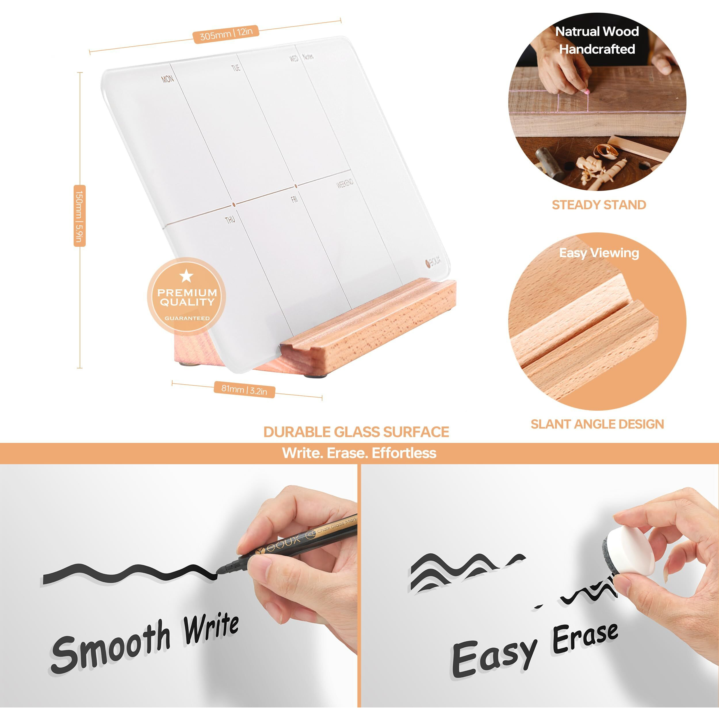 Desktop Glass Weekly Planner Whiteboard With Detachable Wood Stand,Small Portable Dry Erase Calendar To Do List White Board 12X6 For Office, Home, Schools, Marker&Eraser Included, Yeoux