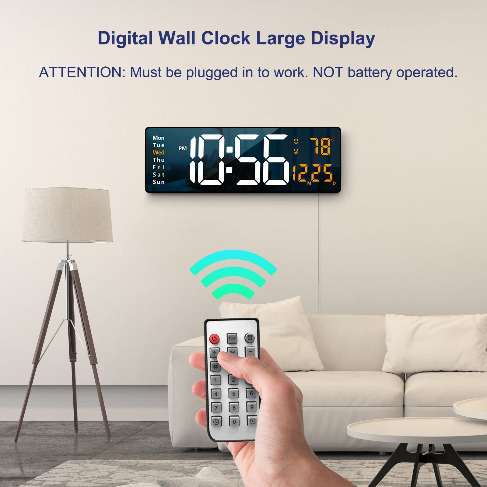 Digital Wall Clock Large Display, 16.2 Inch Large Wall Clocks, Led Digital Clock With Remote Control For Living Room Decor, Automatic Brightness Dimmer Big Clock With Date Week Temperature (Orange)