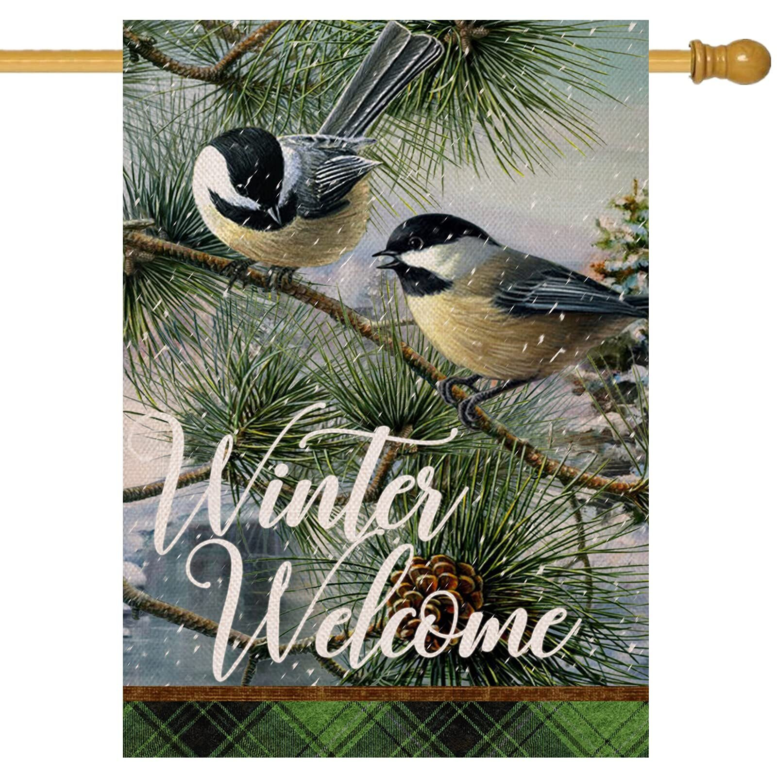 Covido Home Decorative Winter Welcome Chickadee Birds House Flag, Garden Yard Tree Branches Pinecone Buffalo Plaid Check Outside Decorations, Christmas Farmhouse Outdoor Large Decor Double Sided 28X40