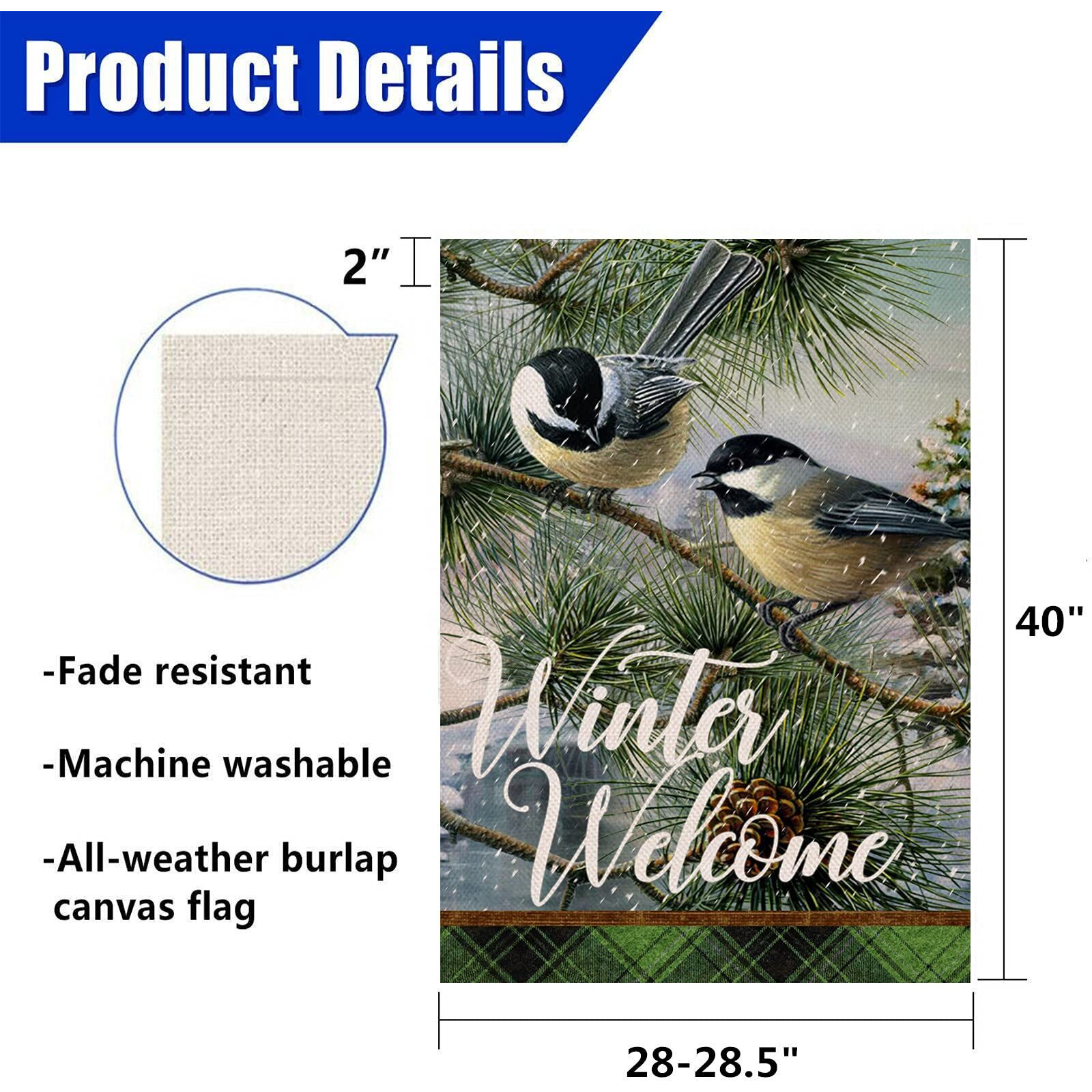Covido Home Decorative Winter Welcome Chickadee Birds House Flag, Garden Yard Tree Branches Pinecone Buffalo Plaid Check Outside Decorations, Christmas Farmhouse Outdoor Large Decor Double Sided 28X40