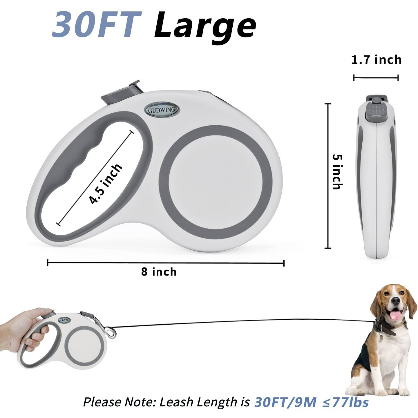 Retractable Dog Leash 30 Ft, Gudwing Dog Walking Leash For Medium Large Dogs Up To 77 Lbs, Heavy Duty No Tangle, Large
