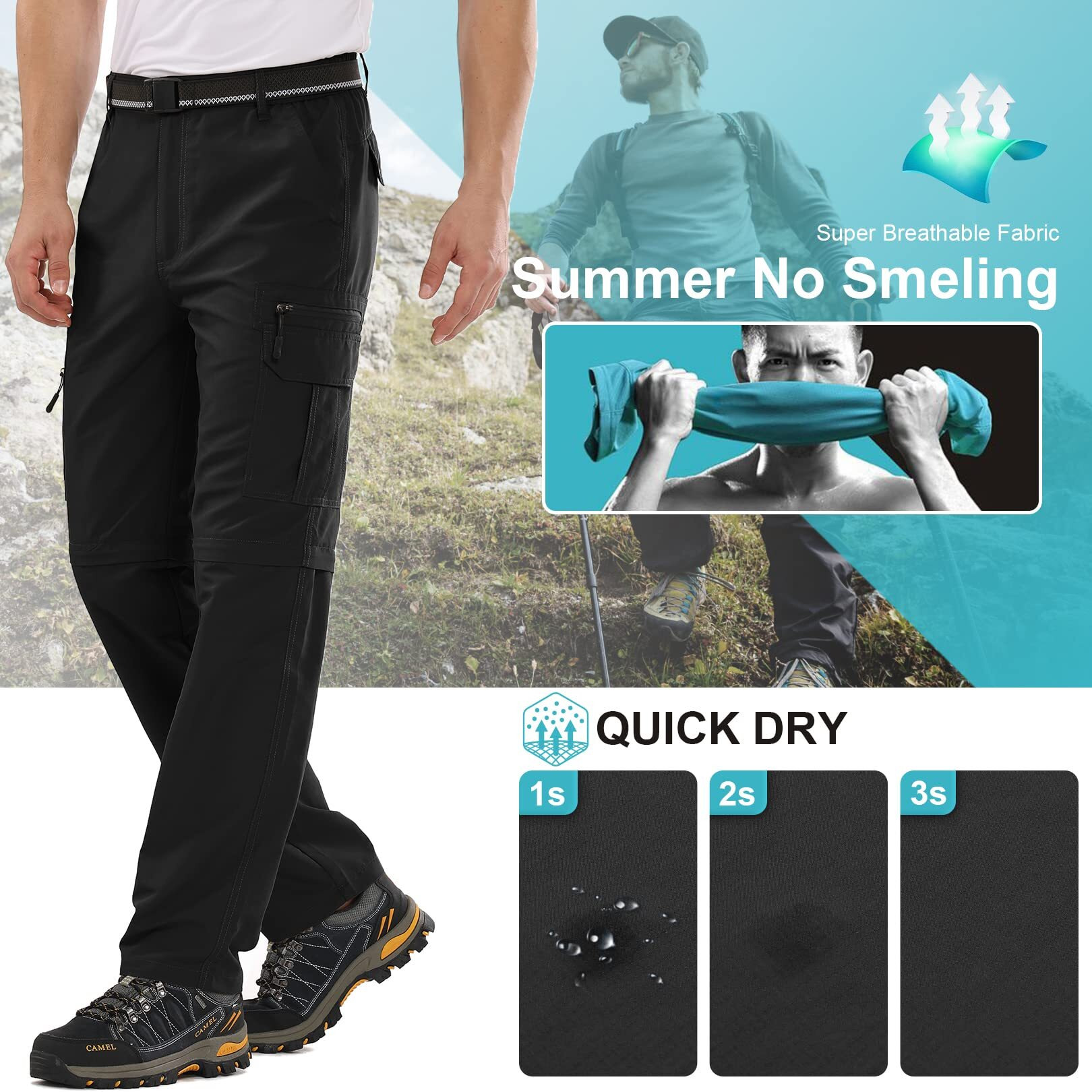 Mens Hiking Pants Convertible Boy Scout Zip Off Shorts Lightweight Quick Dry Breathable Fishing Safari Pants,6101,Black,34