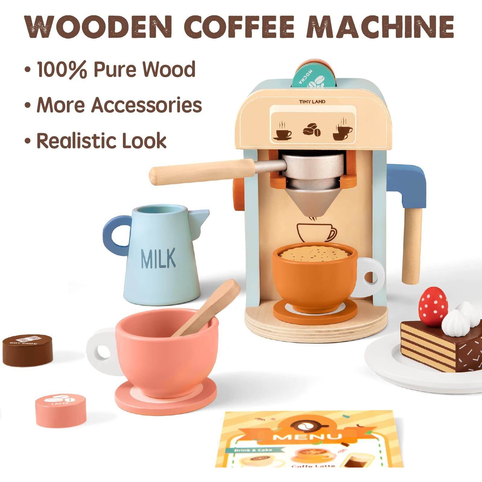 Tiny Land Kids Coffee Maker Wooden Kitchen Toys - 17Pcs Toy Coffee Maker Playset - Wooden Play Toys, Play Kitchen Accessories For Girls & Boys