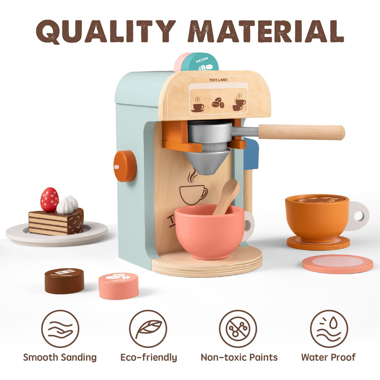 Tiny Land Kids Coffee Maker Wooden Kitchen Toys - 17Pcs Toy Coffee Maker Playset - Wooden Play Toys, Play Kitchen Accessories For Girls & Boys