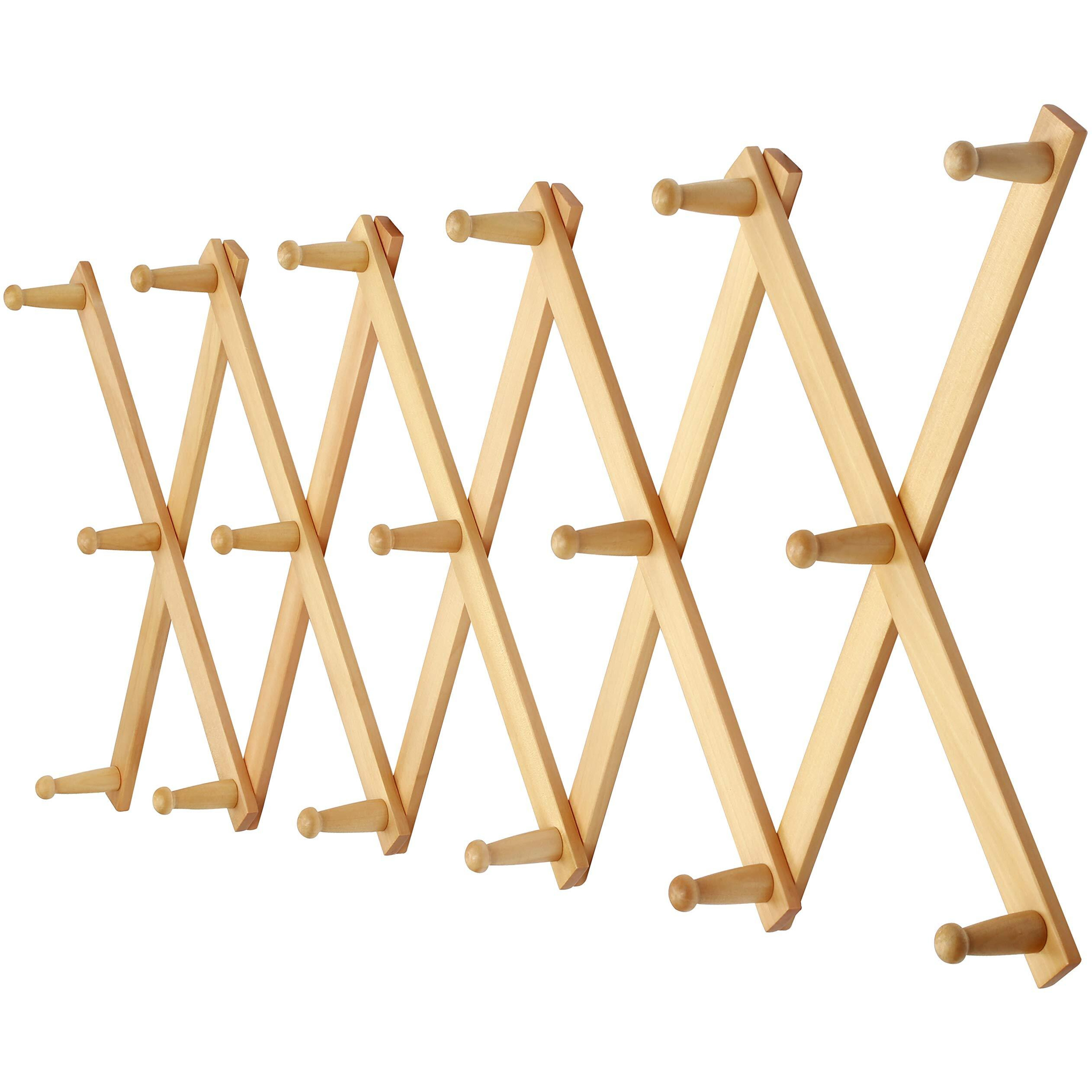Dseap Accordian Wall Hanger 16A High Wooden Wall Expandable Coat Rack, Hat Rack Holder, Accordion Hook For Baseball Caps, Coats, Mugs, 17 Peg Hooks, Natural