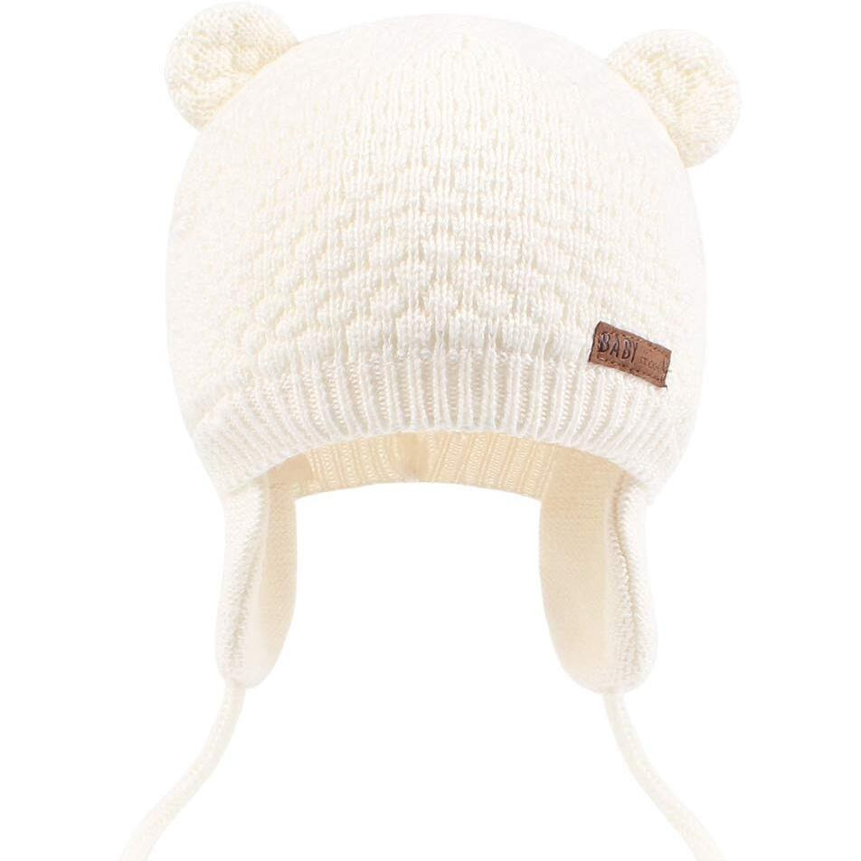 Duoyeree Baby Winter Hat Earflap Cotton Lining Knit Beanie Cap For Toddler Girl Boy (12-18 Month, White)
