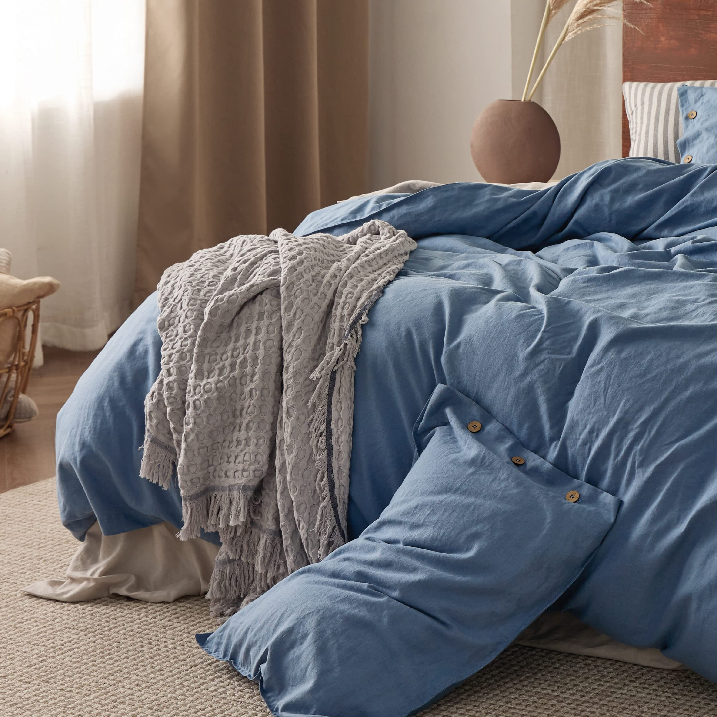 Bedsure Linen Duvet Cover King - Linen Cotton Blend Bedding Set, Soft & Cozy, 3 Pieces, 1 Duvet Cover 104X90 Inches And 2 Pillowcases, Slate Blue Color Cooling Bedding, Comforter Sold Separately