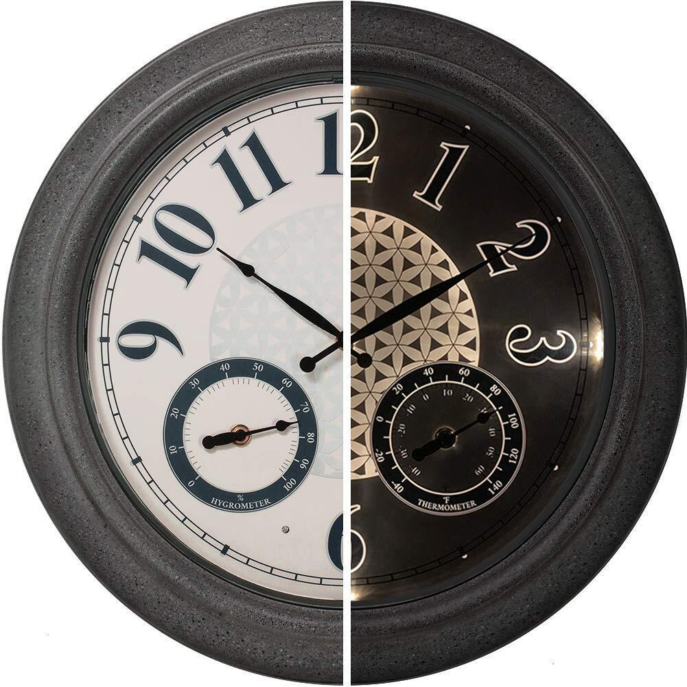 Presentime & Co 18"" Indoor / Outdoor Luminous Farmhouse Wall Clock With Thermometer & Hygrometer, Weather Thermometer -Gray Stone Finish, Bright Warm Light