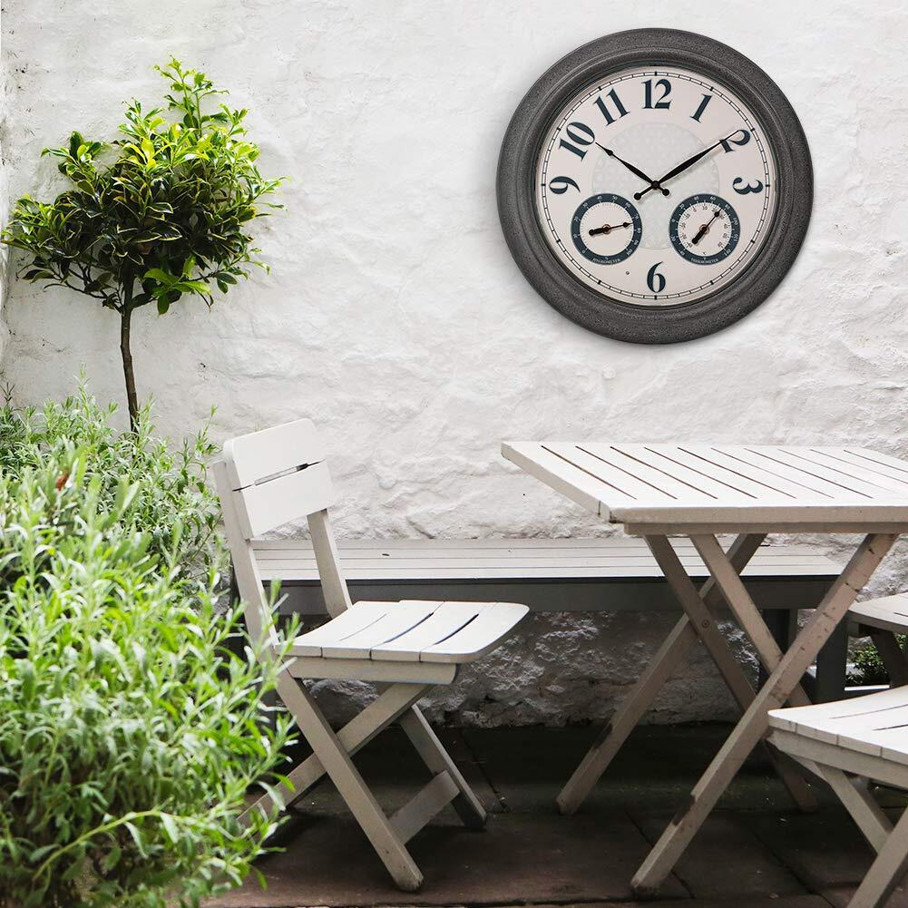 Presentime & Co 18"" Indoor / Outdoor Luminous Farmhouse Wall Clock With Thermometer & Hygrometer, Weather Thermometer -Gray Stone Finish, Bright Warm Light