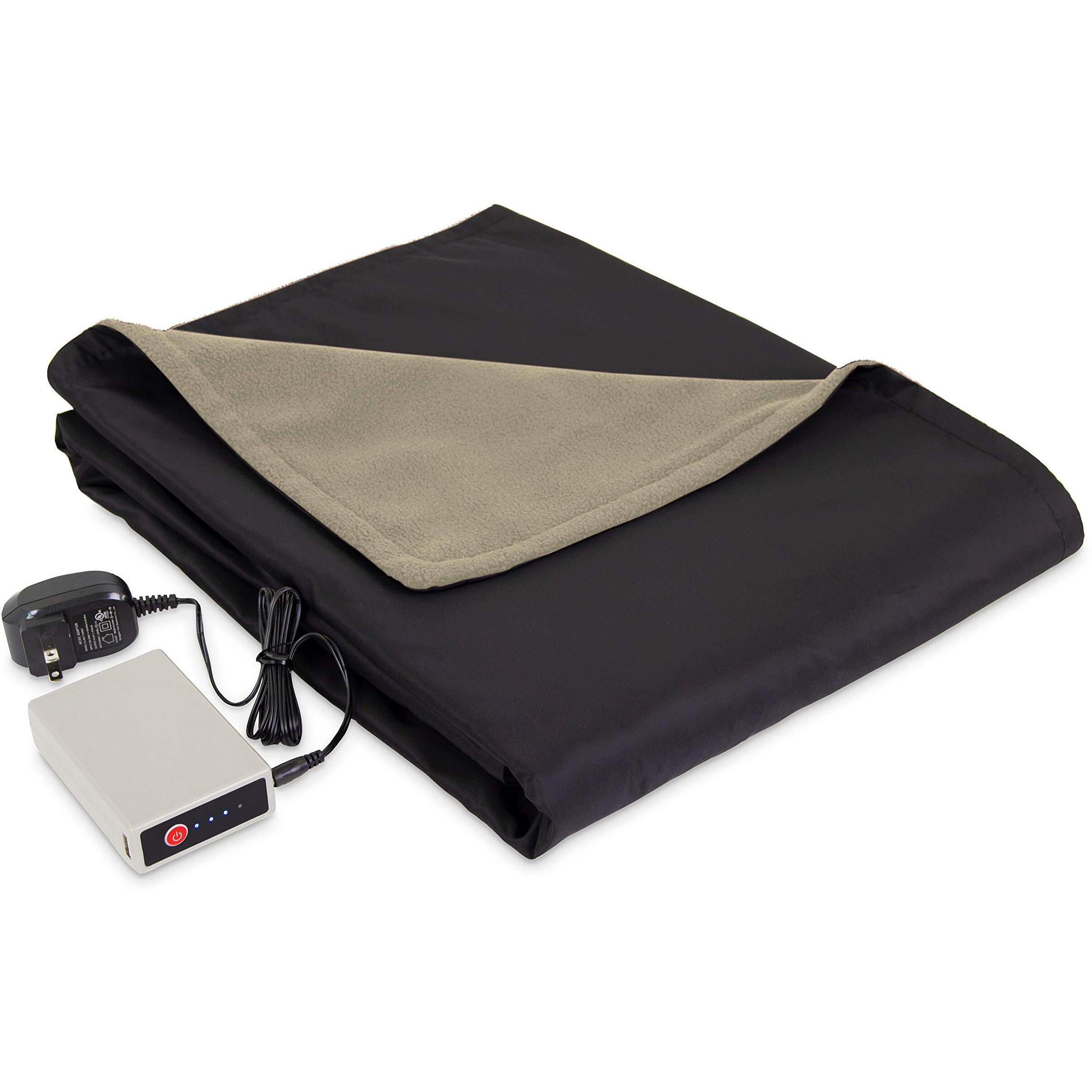 Eddie Bauer Portable Heated Electric Throw Blanket-Rechargeable Lithium Battery With Usb Port-Water Resistant Weather Smart Fleece For Travel, Camping, And Outdoor Use, Light Khakiblack