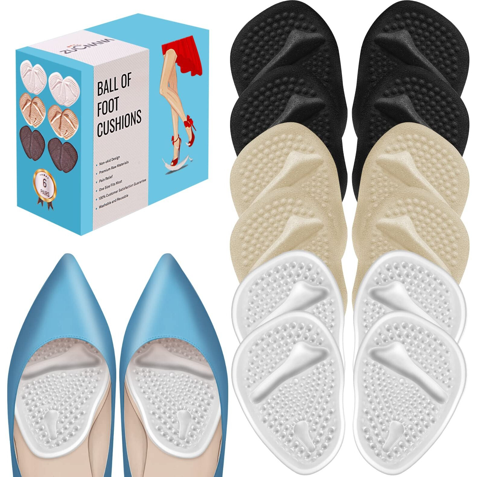 Zucnana Metatarsal Pads Ball Of Foot Cushions (6 Pairs), Non-Slip High Heel Cushion Inserts Women, One Size Fits All Shoe Inserts For Women And Men, Reusable Foot Pads All Day Pain Relief And Comfort
