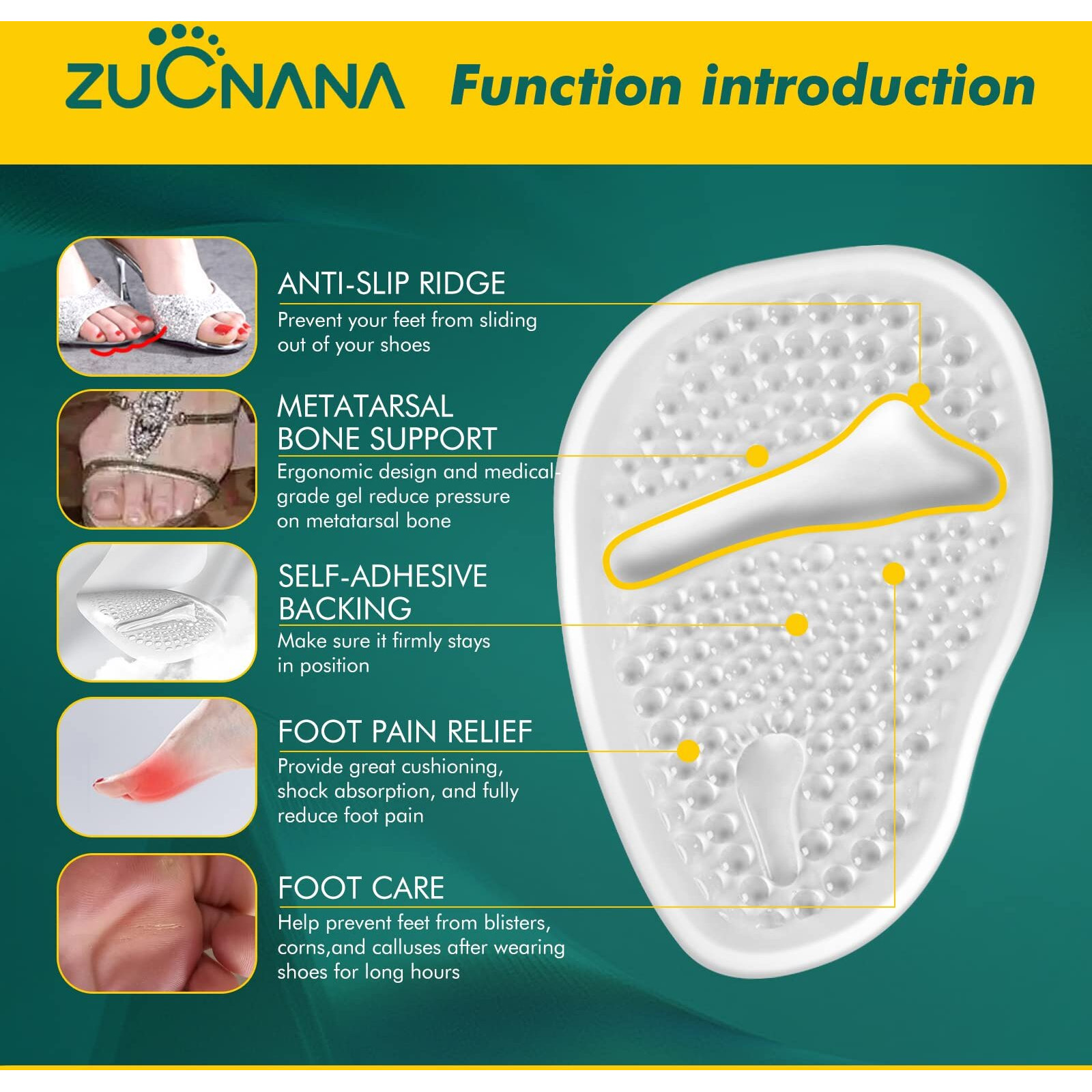 Zucnana Metatarsal Pads Ball Of Foot Cushions (6 Pairs), Non-Slip High Heel Cushion Inserts Women, One Size Fits All Shoe Inserts For Women And Men, Reusable Foot Pads All Day Pain Relief And Comfort