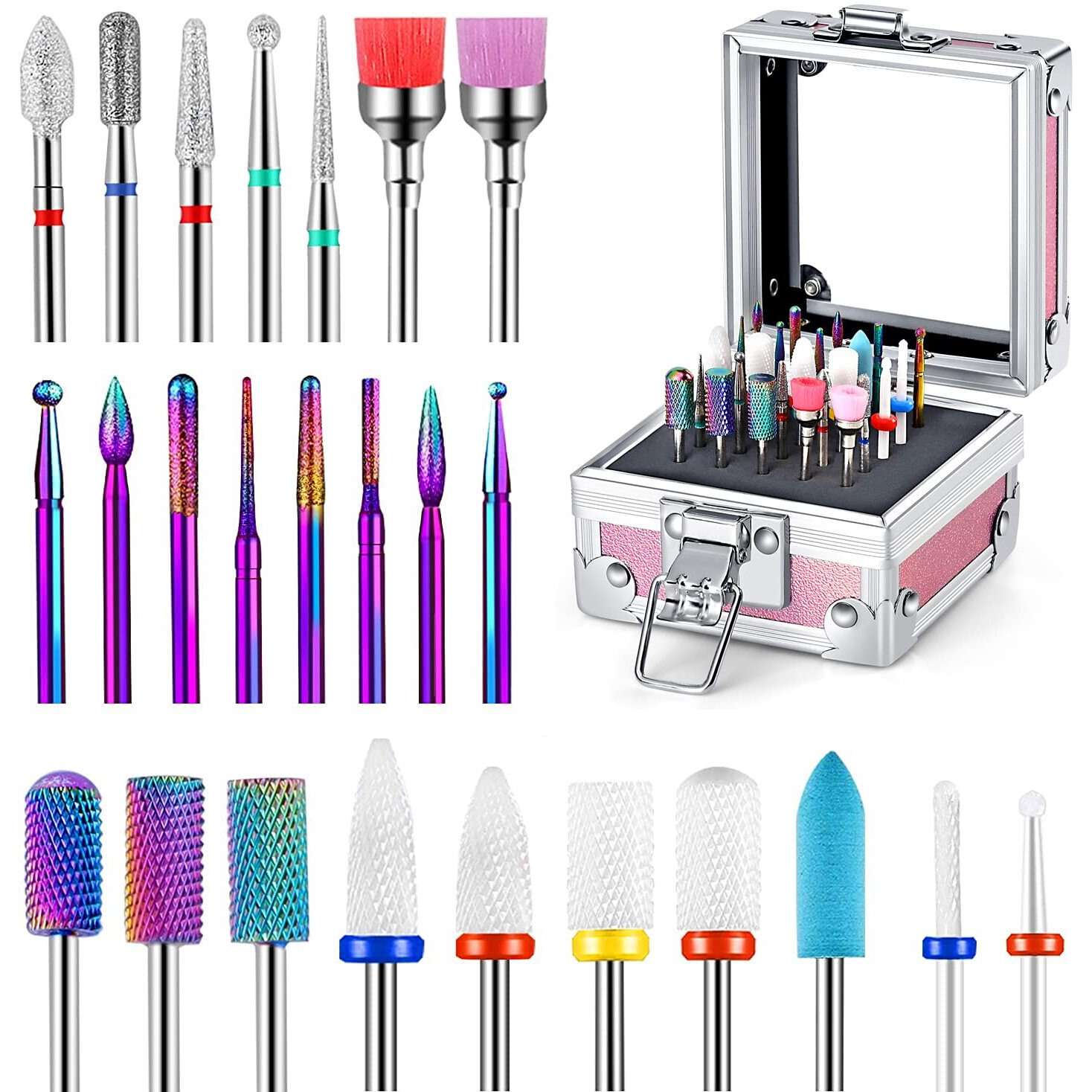 25Pcs Nail Drill Bits Set With Portable Holder, 3/32 Inch Ceramic Diamond Carbide Cuticle Efile Remover Nail Drill Bit For Home Salon Acrylic Gel Polish Manicure Pedicure