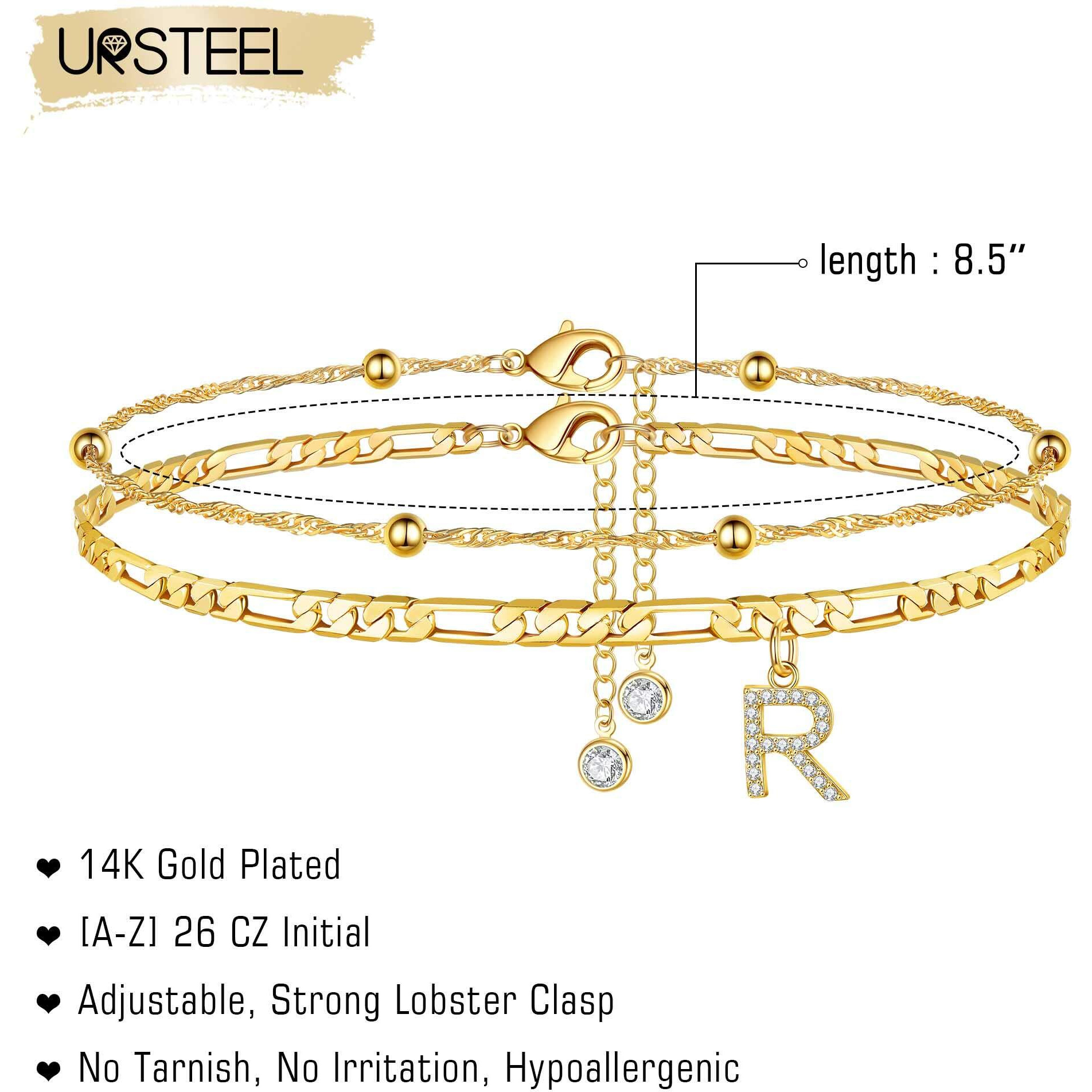 Ursteel Ankle Bracelets For Women, R Initial Anklet 14K Gold Plated Dainty Adjustable Layered Initial Anklets Set Beaded Chain Figaro Chain With Letter R Anklets With Initials For Women Jewelry Gifts