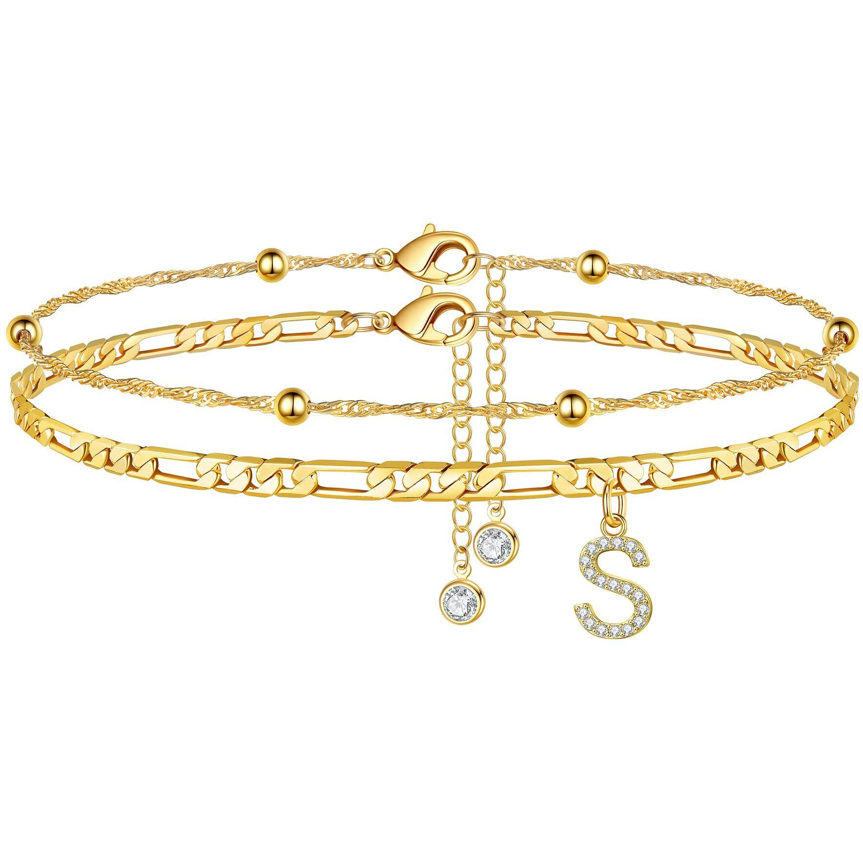 Ursteel Ankle Bracelets For Women, S Initial Anklet 14K Gold Plated Dainty Adjustable Layered Initial Anklets Set Beaded Chain Figaro Chain With Letter S Anklets With Initials For Women Jewelry Gifts