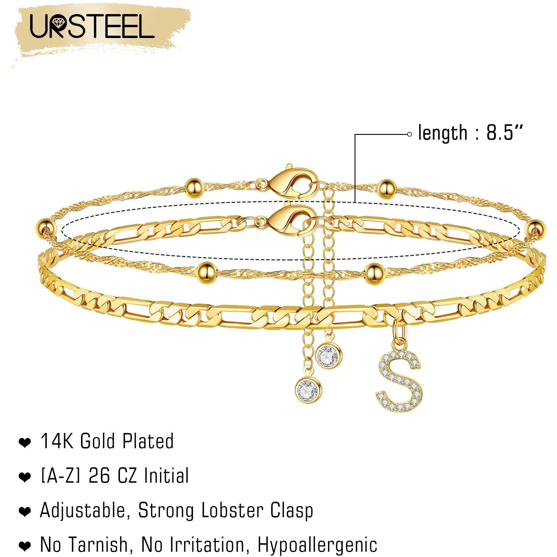 Ursteel Ankle Bracelets For Women, S Initial Anklet 14K Gold Plated Dainty Adjustable Layered Initial Anklets Set Beaded Chain Figaro Chain With Letter S Anklets With Initials For Women Jewelry Gifts