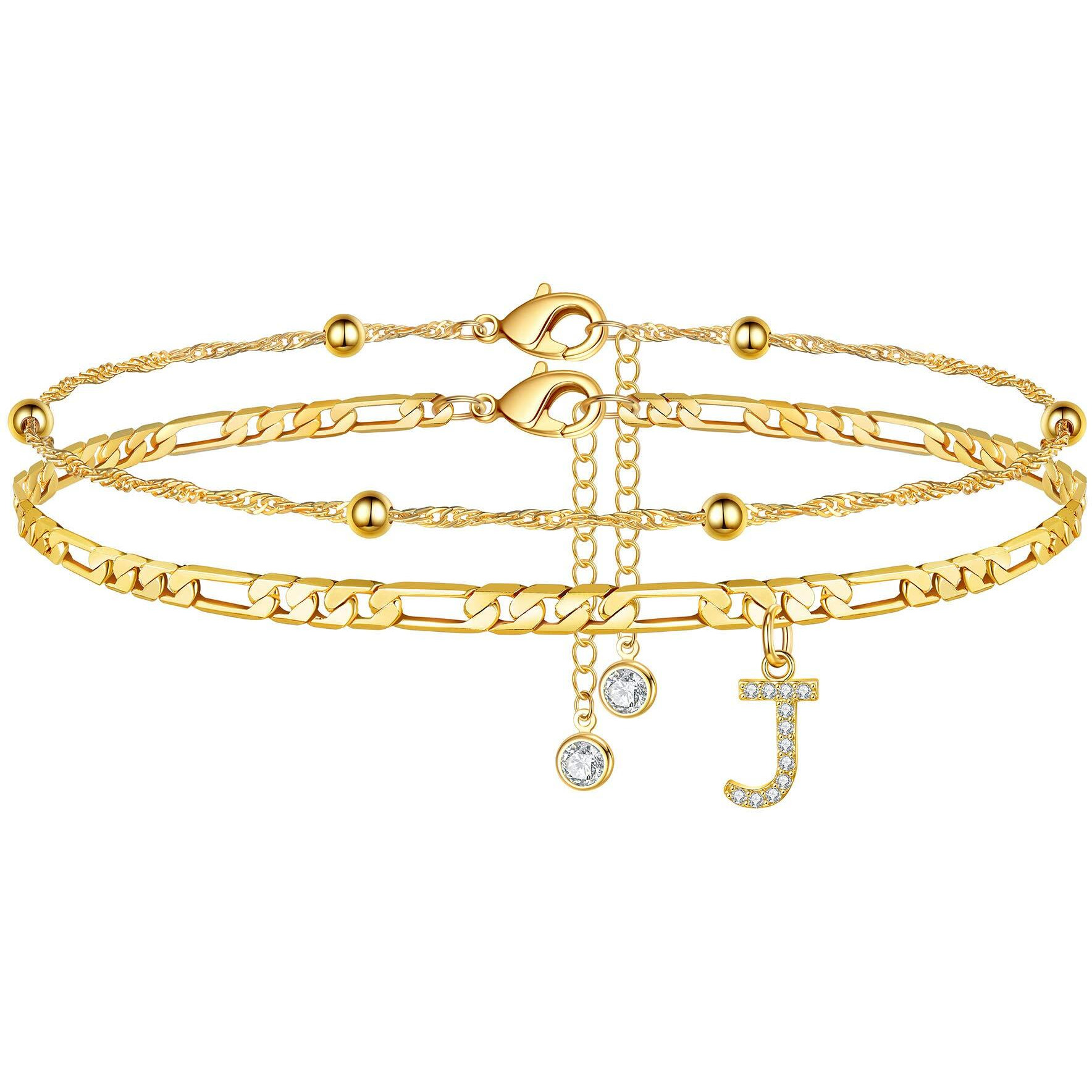 Ursteel Initial Ankle Bracelets For Women, 14K Gold Plated Ankle Bracelet With Initial J Dainty Adjustable Beaded Chain Figaro Chain Gold Anklets For Women Jewelry Gifts For Women Teen Girls