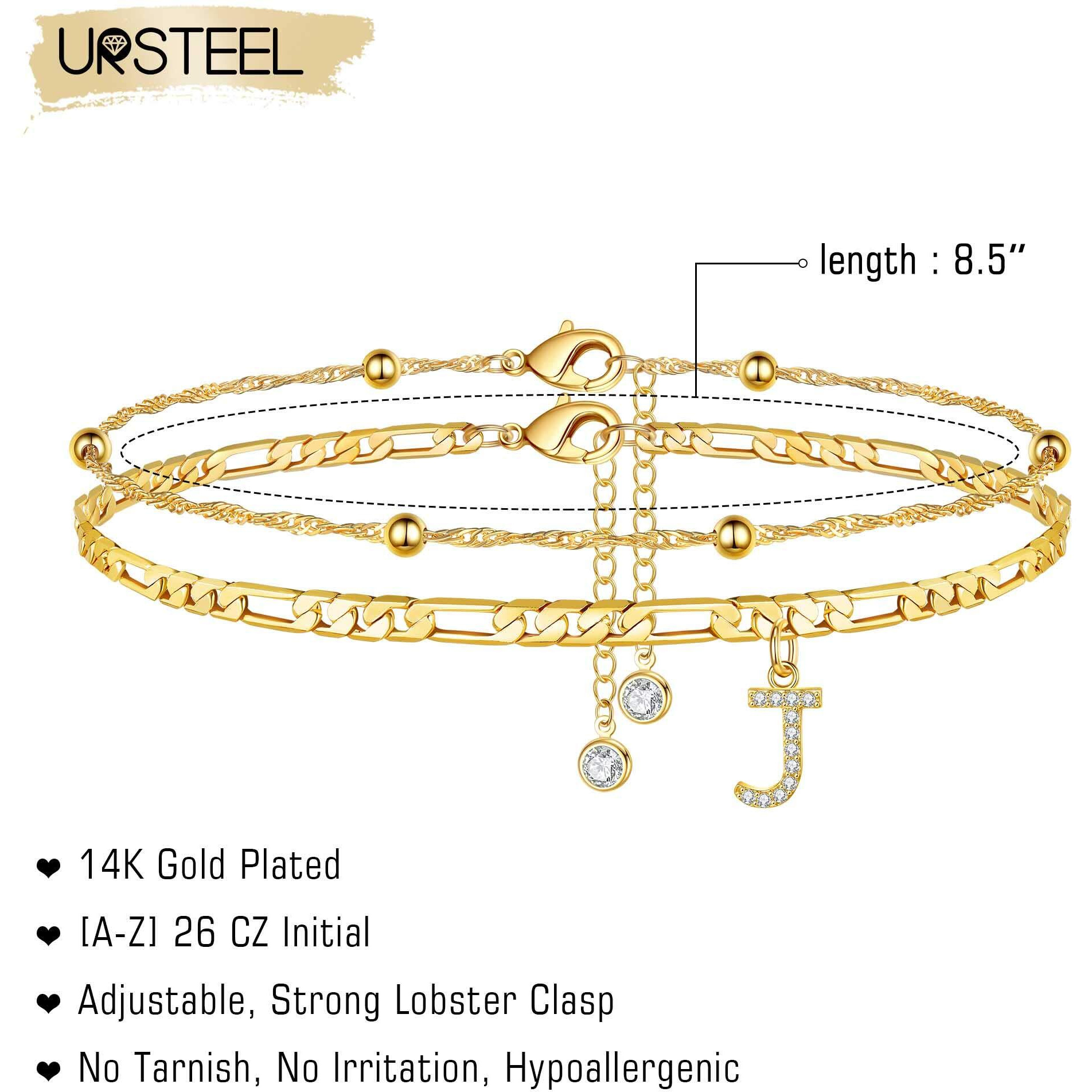 Ursteel Initial Ankle Bracelets For Women, 14K Gold Plated Ankle Bracelet With Initial J Dainty Adjustable Beaded Chain Figaro Chain Gold Anklets For Women Jewelry Gifts For Women Teen Girls
