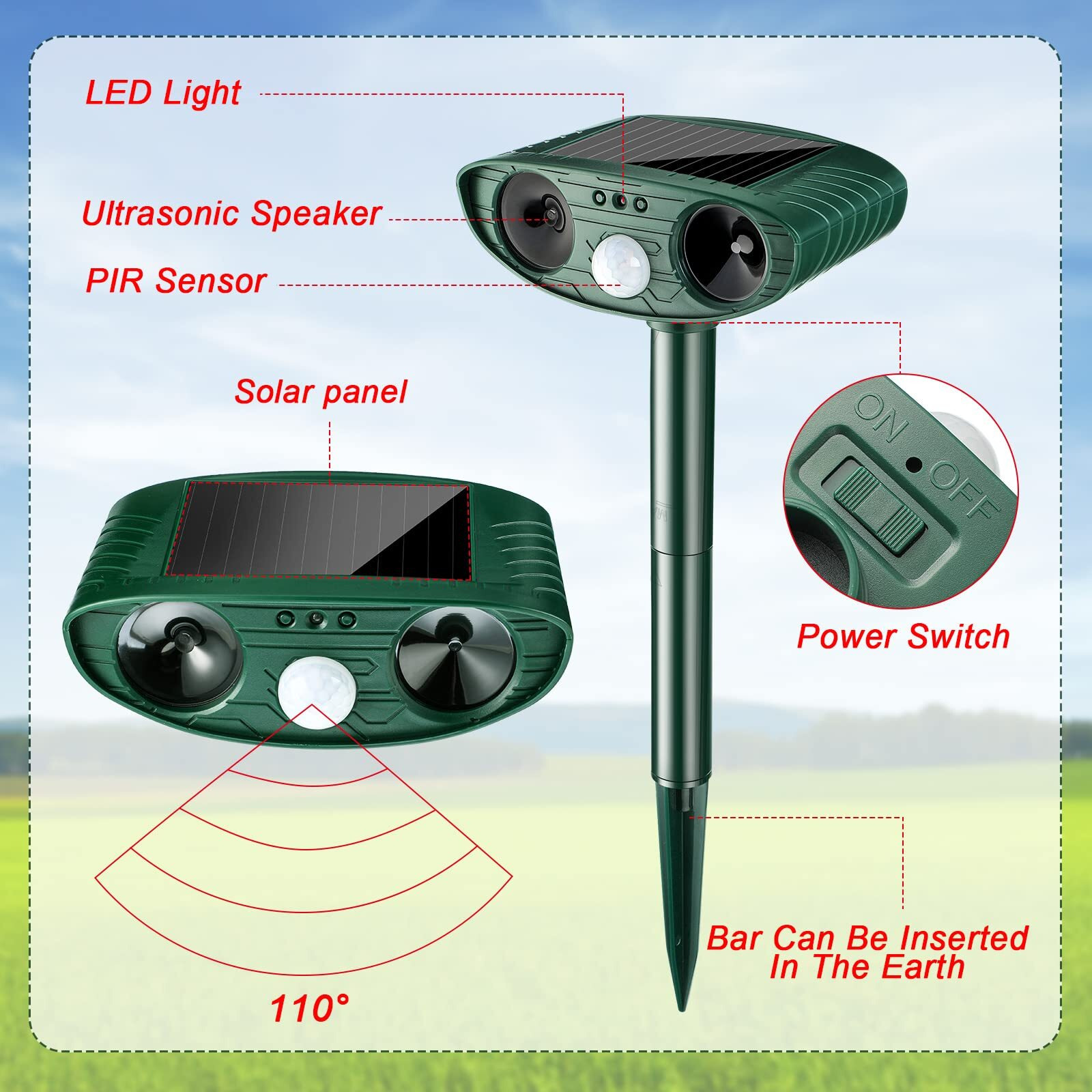 Kittmip Ultrasonic Animal Repellent Outdoor Solar Powered Pest Repeller Motion Activated Cat Dog Deterrent Waterproof Motion Sensor For Squirrels Raccoon Rabbit Fox, Garden Yard Farm(Green, 2 Pieces)