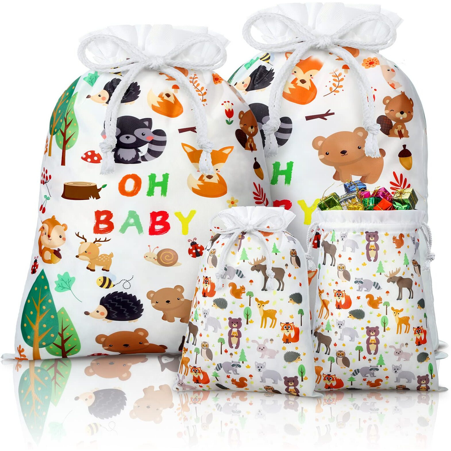 4 Pcs Large Baby Shower Drawstring Gift Bags Reusable Fabric Wrap 20 Inch Large 12 Inch Medium Woodland Animals Gift Bag Forest Treat Bags For Boy Girl Baby Shower Birthday Gender Reveal Party