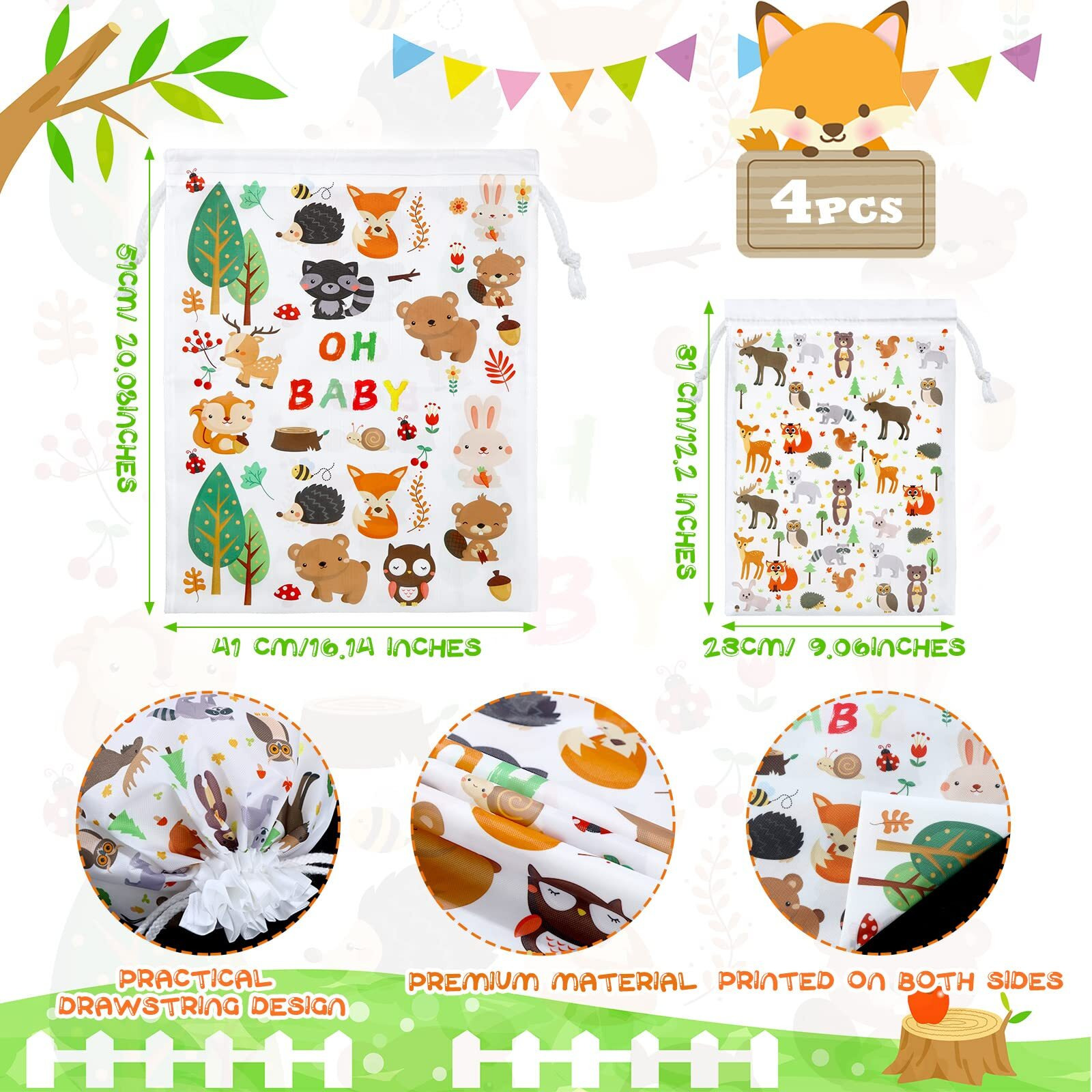 4 Pcs Large Baby Shower Drawstring Gift Bags Reusable Fabric Wrap 20 Inch Large 12 Inch Medium Woodland Animals Gift Bag Forest Treat Bags For Boy Girl Baby Shower Birthday Gender Reveal Party