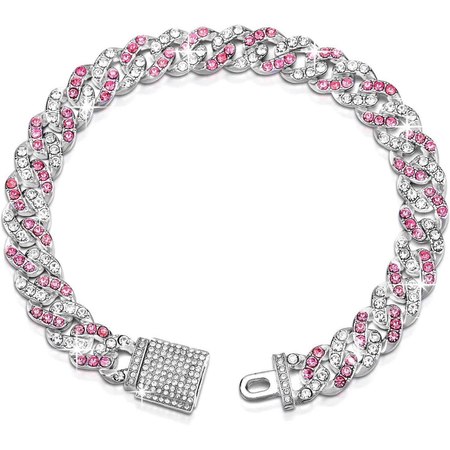 9Inch Glitter Dog Chain Collar Pink Silver Diamond Dog Collars Cuban Girl Dog Chains Necklace Puppy Pet Metal Link Chain With Buckle Christmas Pet Jewelry Accessories Chain For Small Dogs Cats