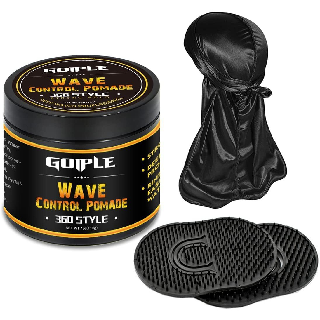 Natural Wave Pomade For Men Strong Hold, Easy Wash 360 Wave Training Hair Cream, Waves Grease For Men Promotes Layered Waves, Moisture, Control And Silky Shine (Wave Pomade+Wave Brushes*2+ Silky Durag)