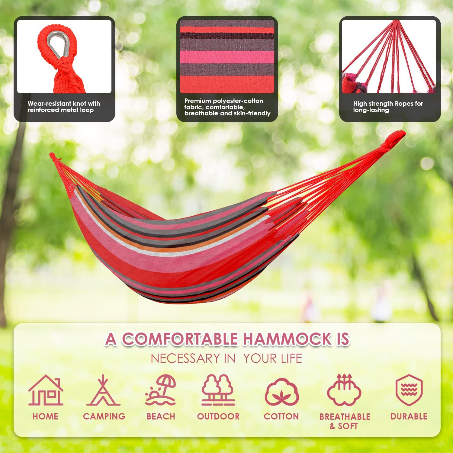 Gold Armour Hammock, Brazilian Style Hammock With Tree Straps For Hanging Durable Hammock, Portable Single Double Hammock For Camping Outdoor Indoor Patio Backyard (Pink Stripe)