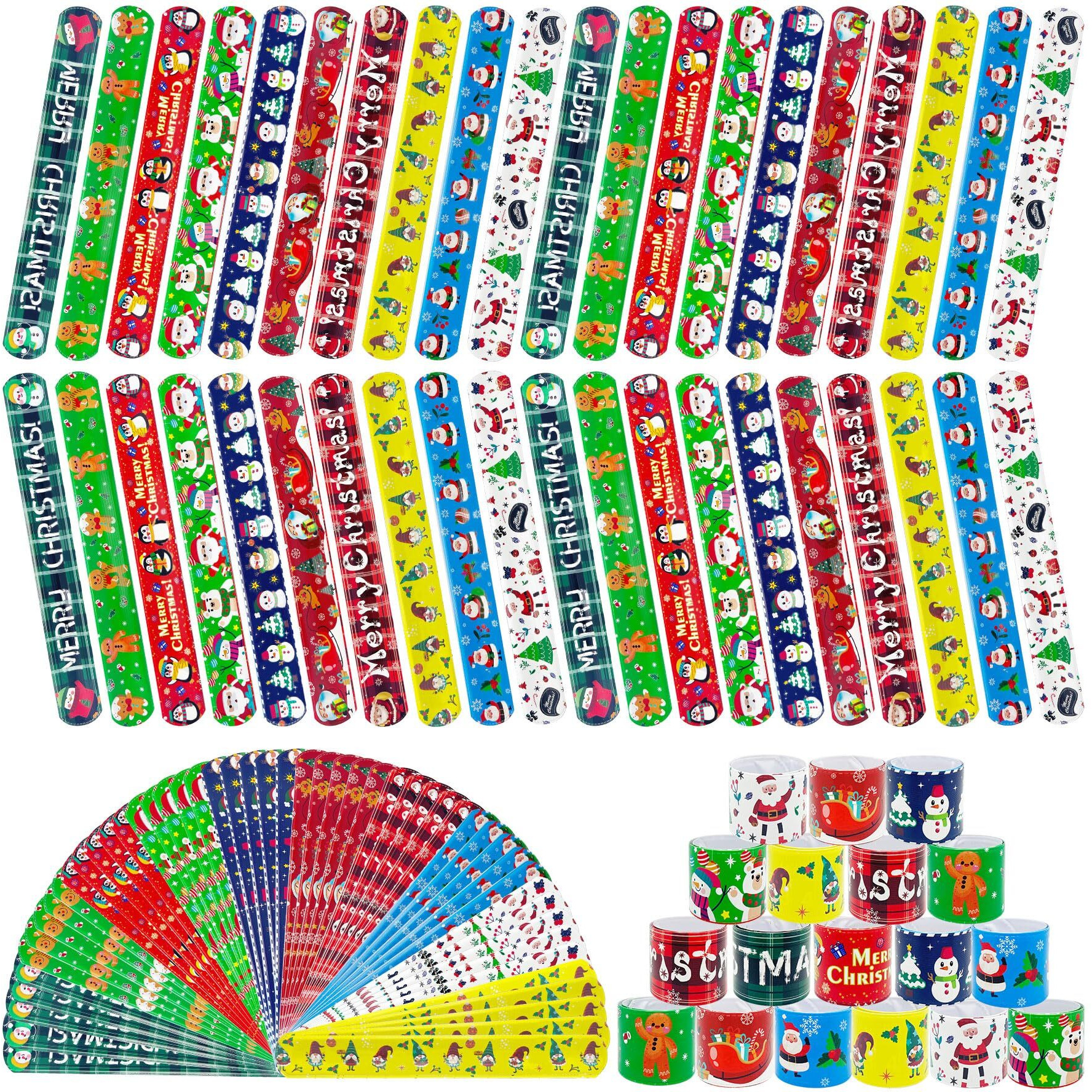 Junebrushs 56 Pack Christmas Slap Bracelets Xmas Slap Bands Wristband Christmas Party Favors Snap Bracelets Bulk For Christmas Gifts Toys Stocking Stuffers