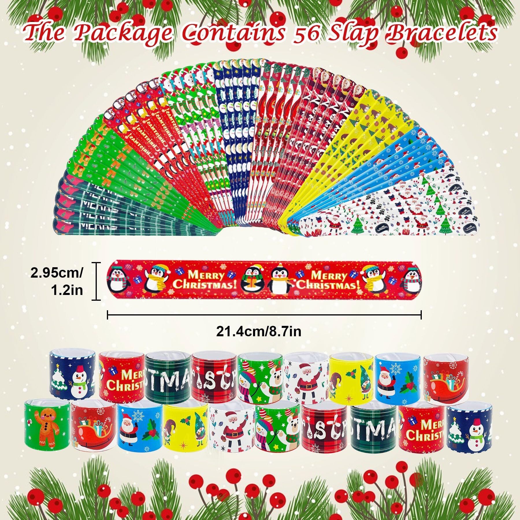 Junebrushs 56 Pack Christmas Slap Bracelets Xmas Slap Bands Wristband Christmas Party Favors Snap Bracelets Bulk For Christmas Gifts Toys Stocking Stuffers