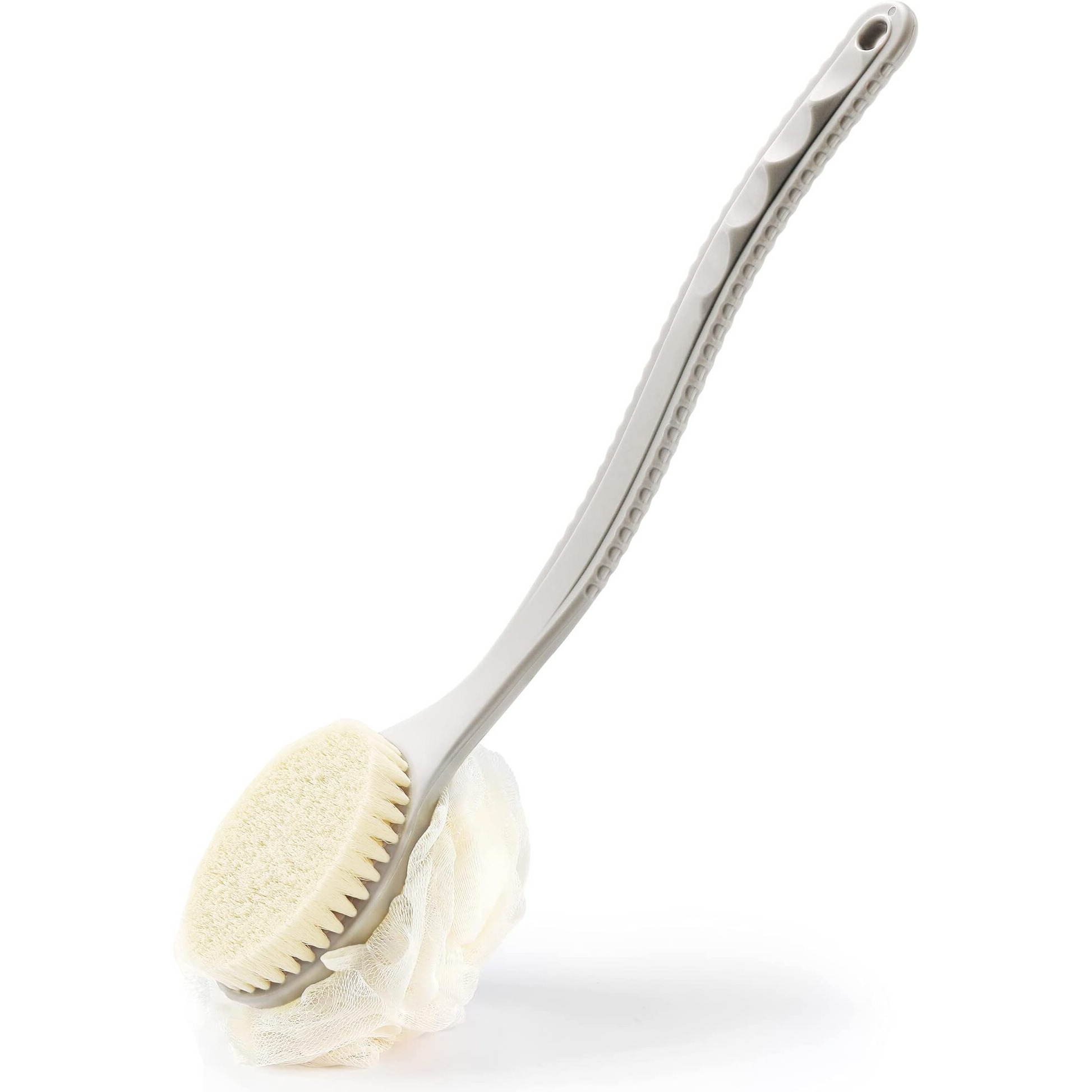 Shower Body Brush With Bristles And Loofah,Back Scrubber Bath Mesh Sponge With Curved Long Handle For Skin Exfoliating Bath, Massage Bristles Suitable For Wet Or Dry, Men And Women (Grey)