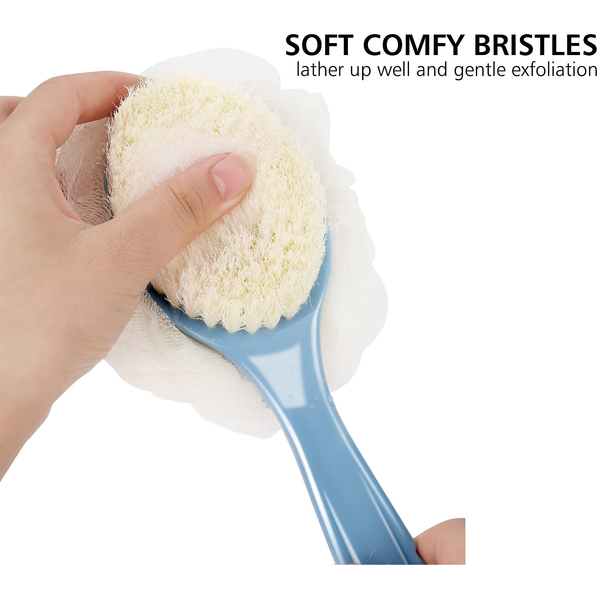 Shower Body Brush With Bristles And Loofah,Back Scrubber Bath Mesh Sponge With Curved Long Handle For Skin Exfoliating Bath, Massage Bristles Suitable For Wet Or Dry, Men And Women (Grey)