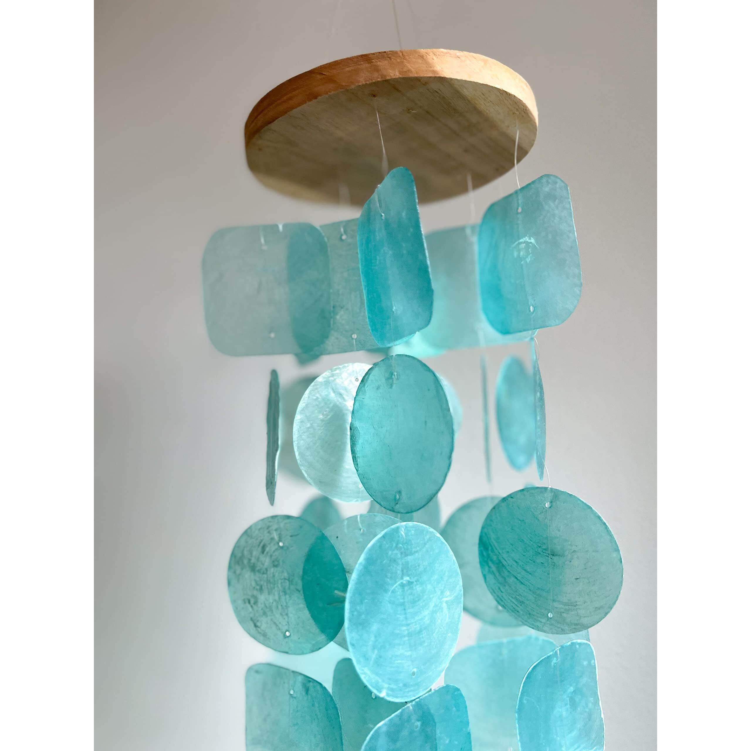 Solange & Frances Wind Chimes For Outside - Unique Aqua Sea Glass Capiz Shells Windchime For Outdoors. 26 Inch Garden Decor Makes A Great Gift For Women Who Have Everything.