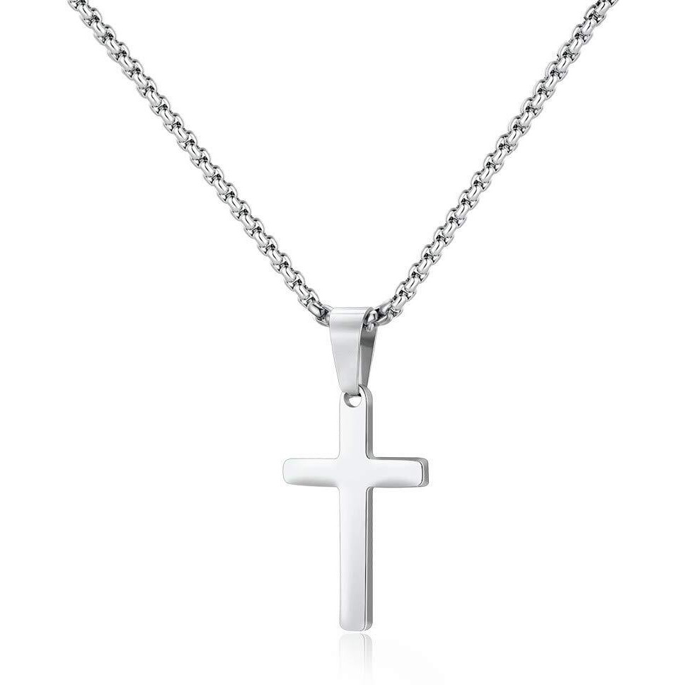 M Mooham Silver Cross Necklace For Men - Mens Cross Necklace Stainless Steel Silver Plain Cross Pendant Necklace With Chain Mens Simple Jewelry Cross Chain For Men, Cross Necklace 20 Inch