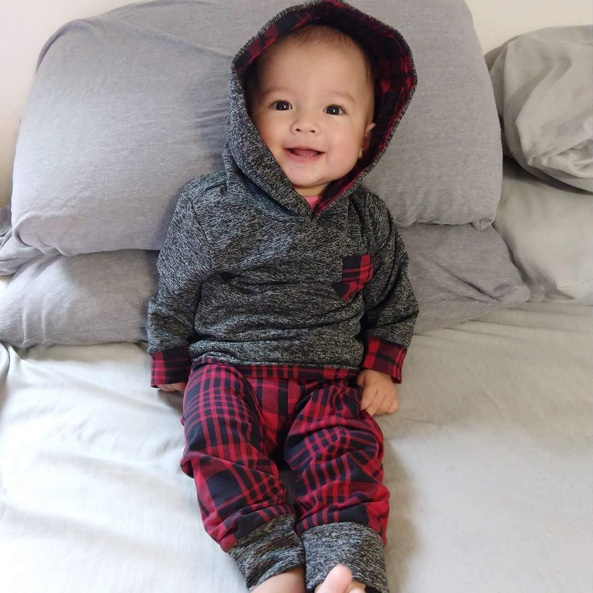 2T Boys Clothes Toddler Boy Cute Outfit Long Sleeve Hoodie Outfit Plaid Sweatshirt Pants Set Little Boy Clothes 3T Fall Winter