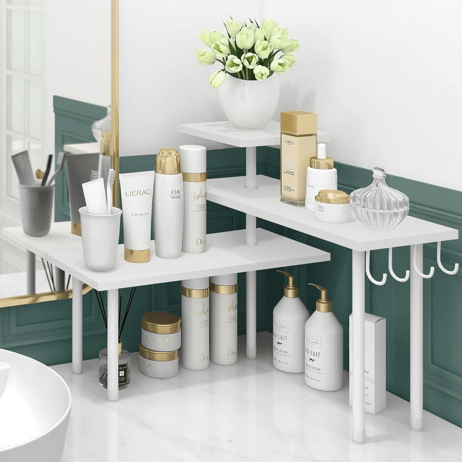 Homode Kitchen Countertop Organizer Corner Shelf, Bathroom Counter Organizers And Storage, 3 Tier Wood Shelf Organizer Space Saver For Make Up, Dresser Table, Desktop, White