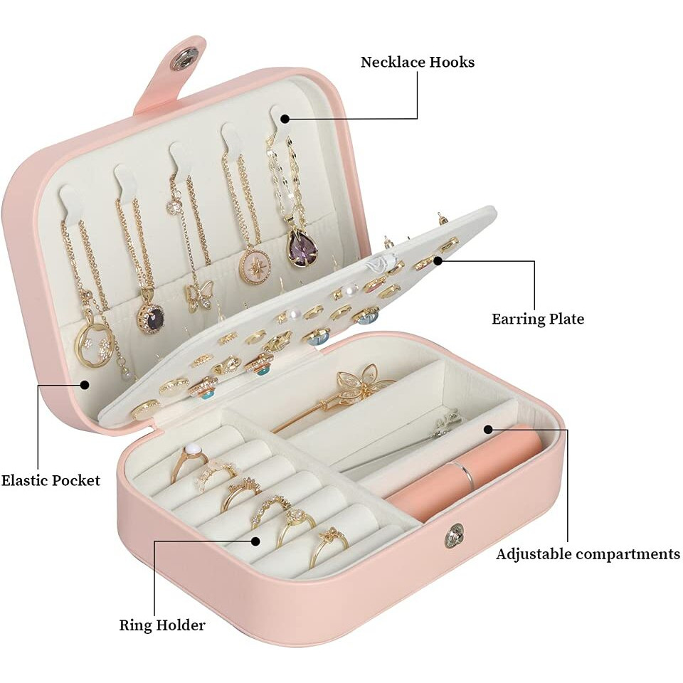 Travel Jewelry Box, Small Jewelry Organizer Boxes For Women Girls, 2 Layer Travel Jewlery Case, Pu Leather Mini Portable Jewerly Storage Display Holder For Earrings, Ring, Necklaces, Bracelets - Pink