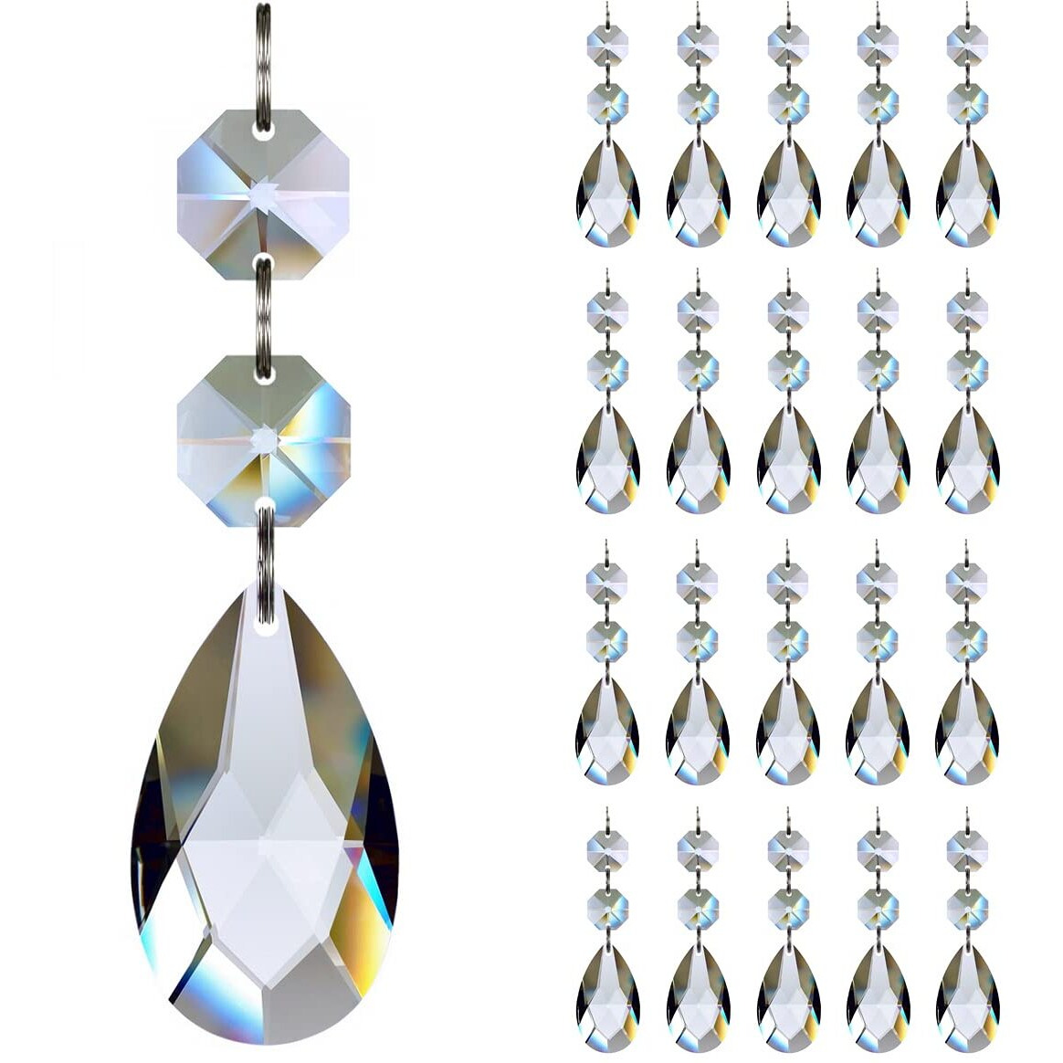 Goldenhaitai 20Pcs 38Mm Teardrop Chandelier Crystals, Clear Crystal Chandelier Prisms Pendants Parts Connected Glass Octagon Beads Hanging Garland Decoration