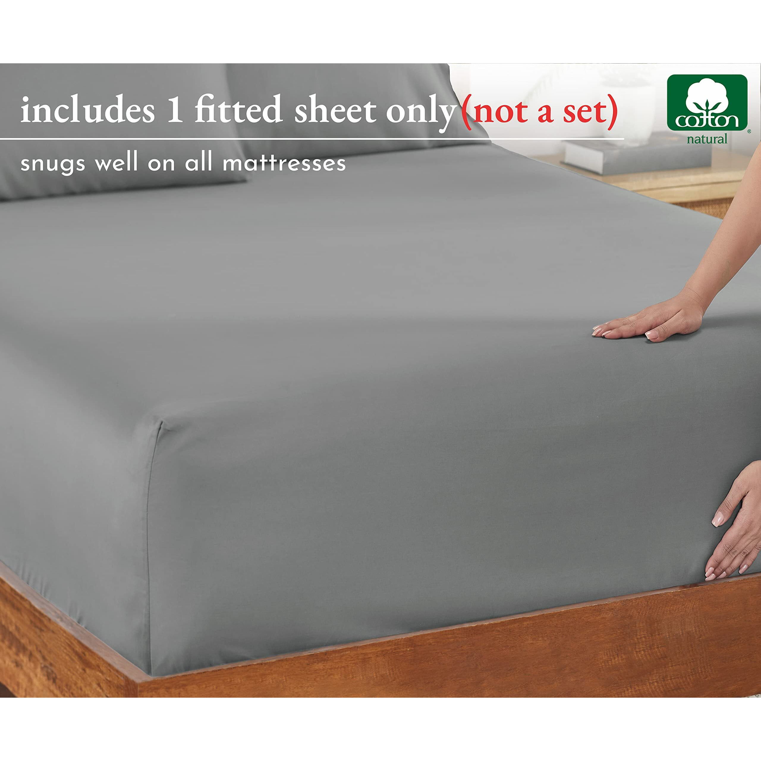 Luxuriously Soft King Fitted Sheet, 600 Sateen, 100% Cotton No-Pop Elastic For Snug Fit, Deep Pocket Bottom Sheet - Foot Side Indicator (Light Gray)