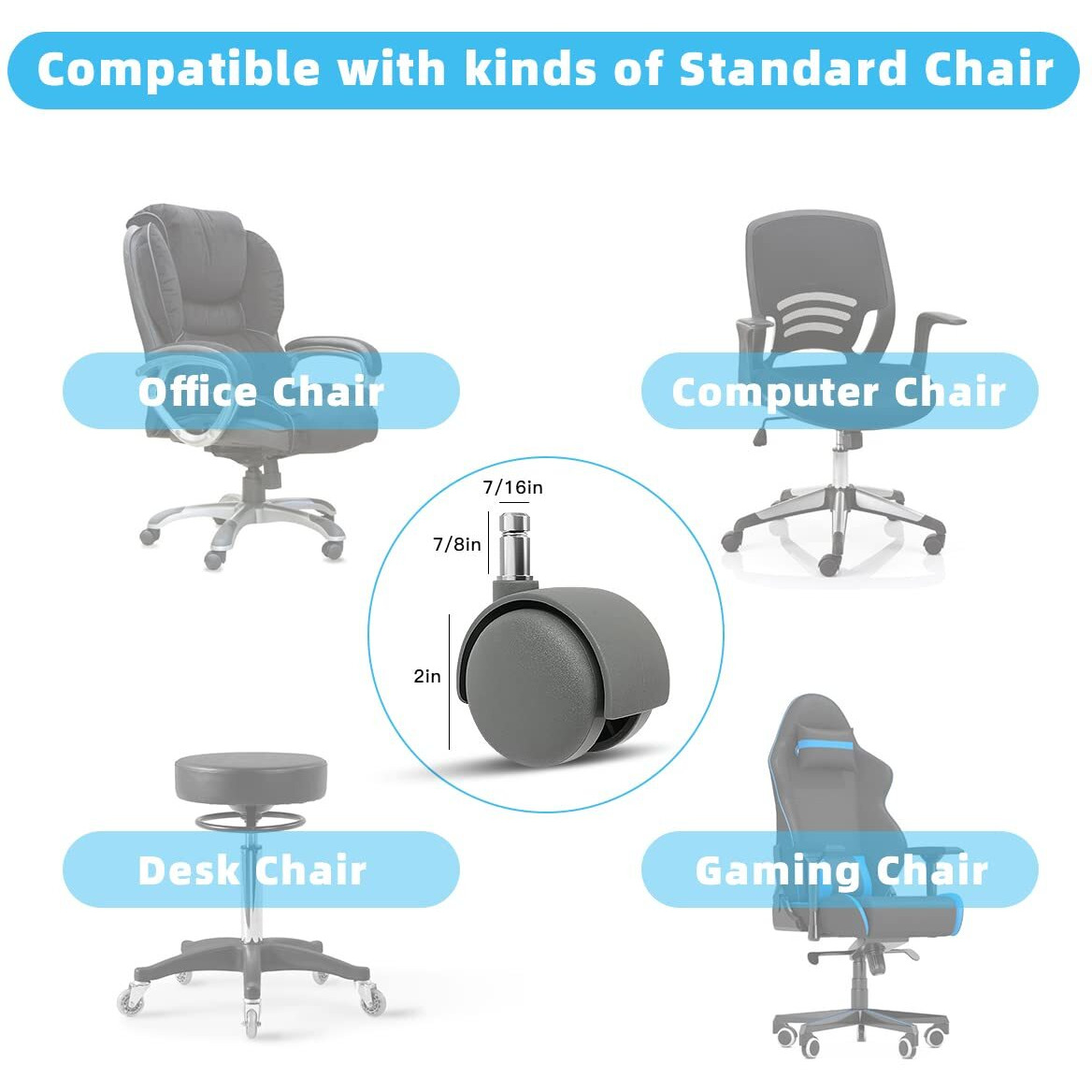 Office Chair Casters Wheels-Set Of 5,Universal Size 2 Inch Office Chair Caster Wheels,Quick & Quiet Rolling Heavy Duty Caster Wheels,Safe For All Floor Or Carpet(Grey)