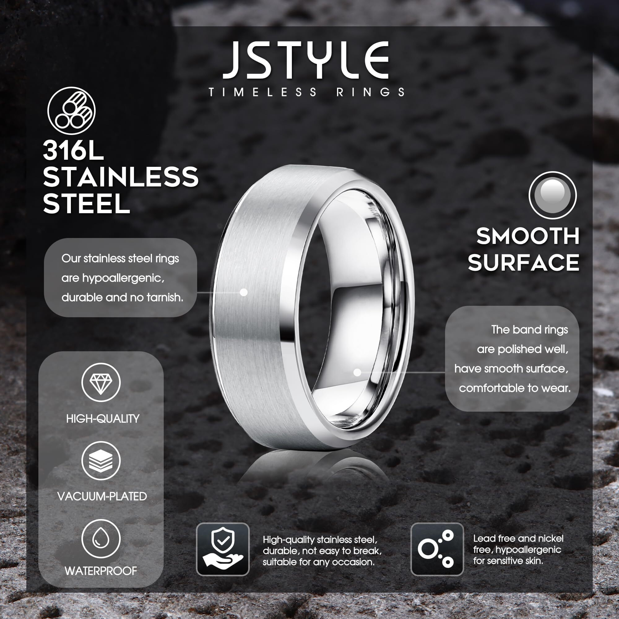 Jstyle Stainless Steel Rings For Men Wedding Ring Cool Simple Band 8 Mm 3 Pcs A Set Size 13.5