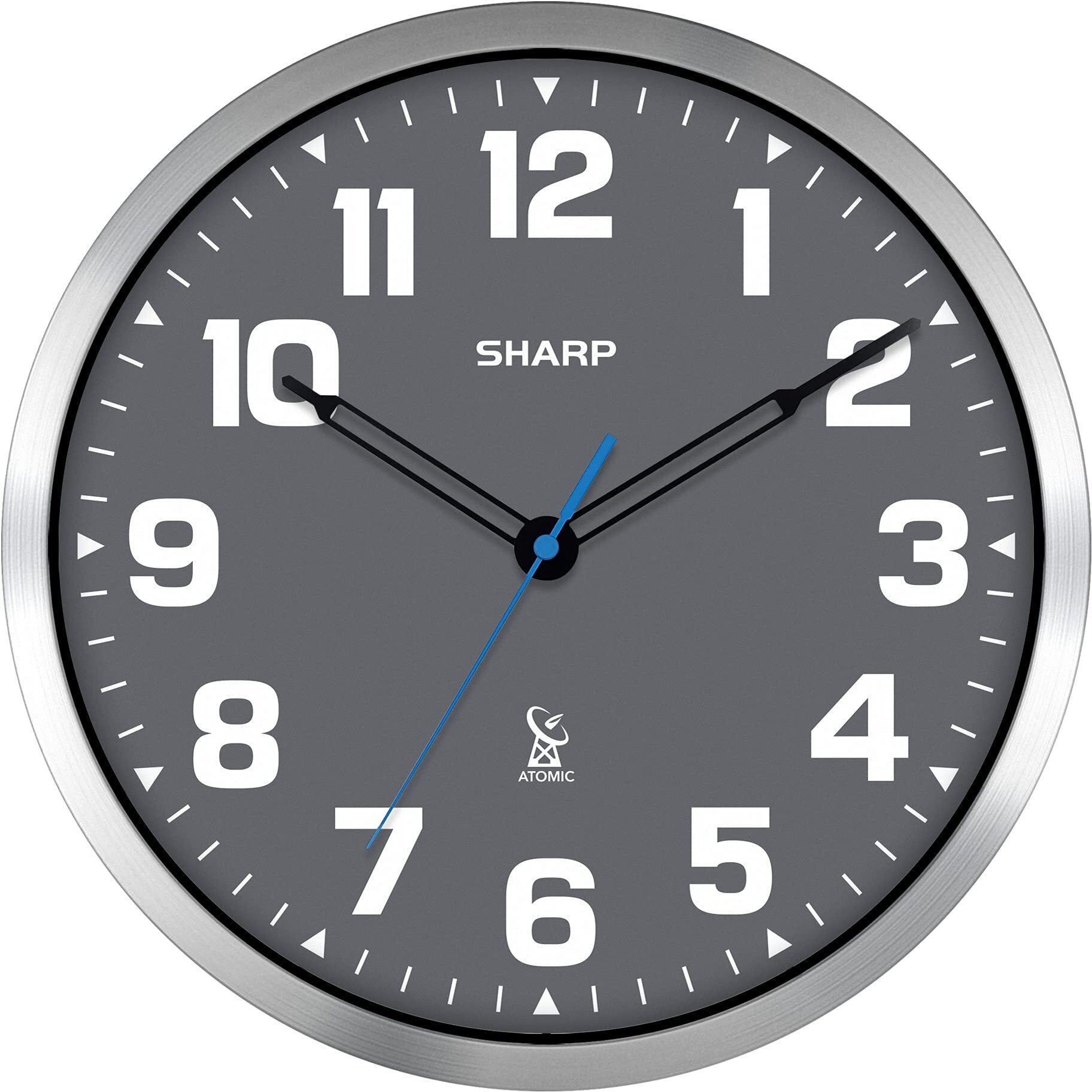 Sharp Atomic Analog Wall Clock - 12"" Grey Face, Silver Brushed Finish - Sets Automatically- Battery Operated - Easy To Read - Easy To Use - Modern Design And Style